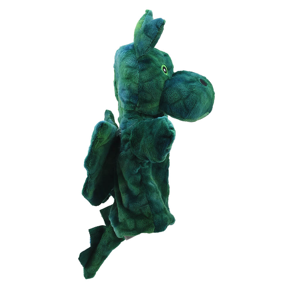 The Puppet Company Baby-Handpuppe Grüner Drache, Nahaufnahme des Kopfes mit spitzen Ohren