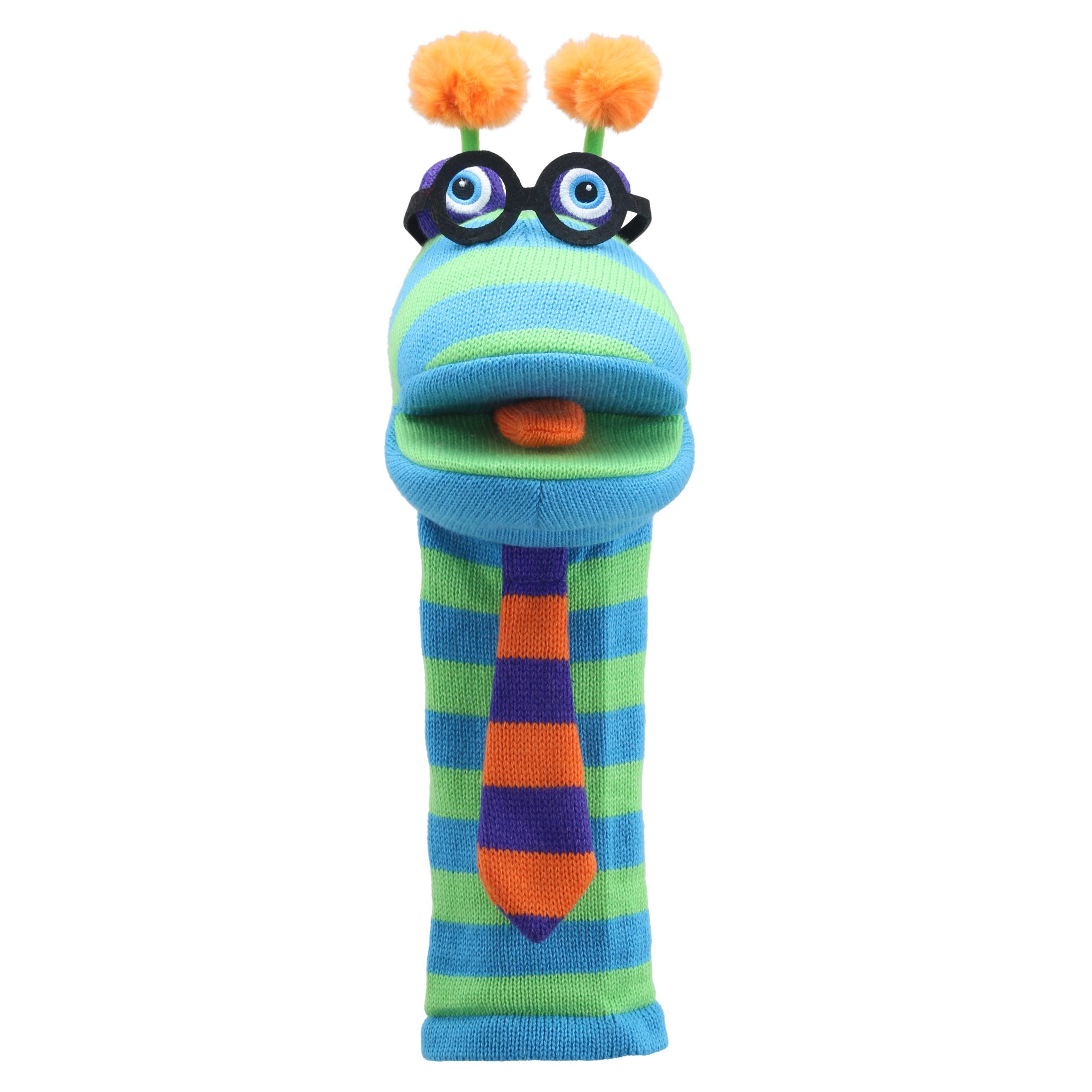 The Puppet Company Sockenhandpuppe Dylan, blau-grünes Monster mit Brille, orangefarbenen Pompon-Augen und Krawatte