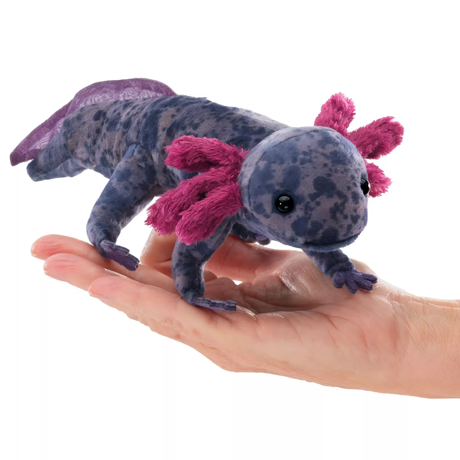 Folkmanis axolotl finger puppet in blue-grey with pink gill tufts, balancing on a flat hand, side view