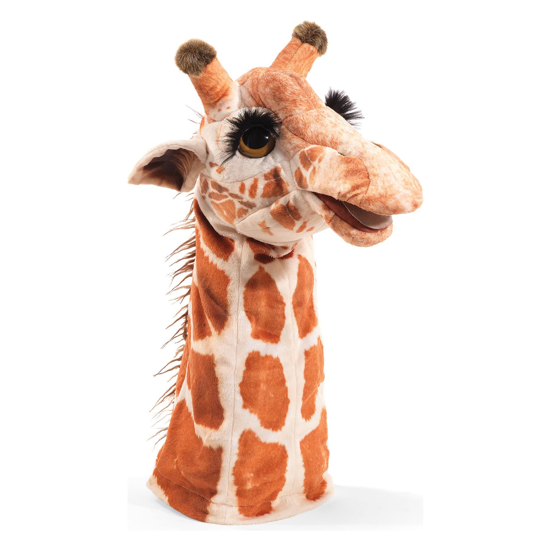Folkmanis Giraffe Handpuppe mit beweglichem Maul, orangebraunem Fleckenmuster und langer Mähne, Schrägansicht