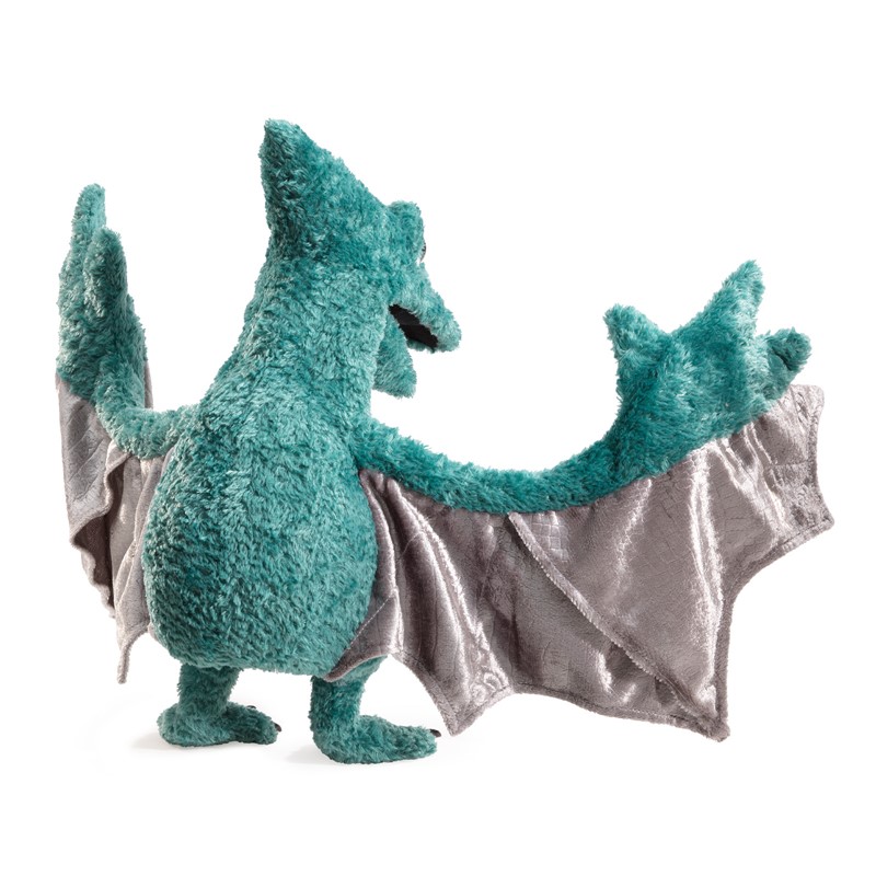 Folkmanis Handpuppe Flugsaurier in Türkis mit ausgebreiteten silbergrauen Stoffflügeln, Rückenansicht