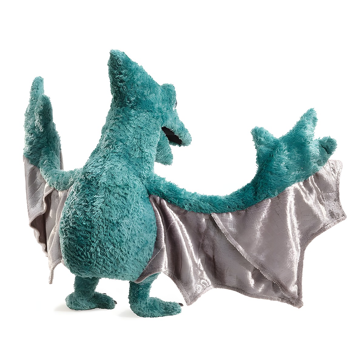 Folkmanis hand puppet pterodactyl in teal with spread silver-grey fabric wings, rear view