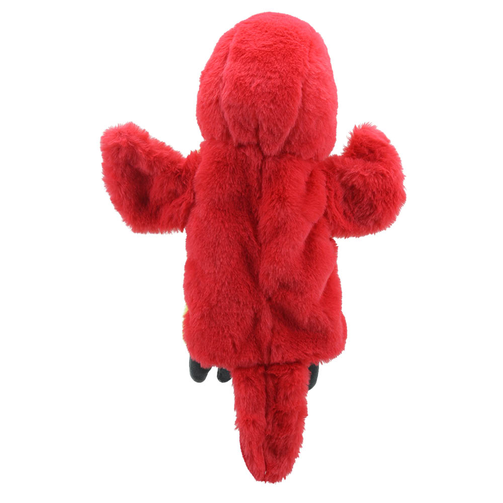 The Puppet Company baby hand puppet parrot, red puppet seen from behind with outstretched wings, back view