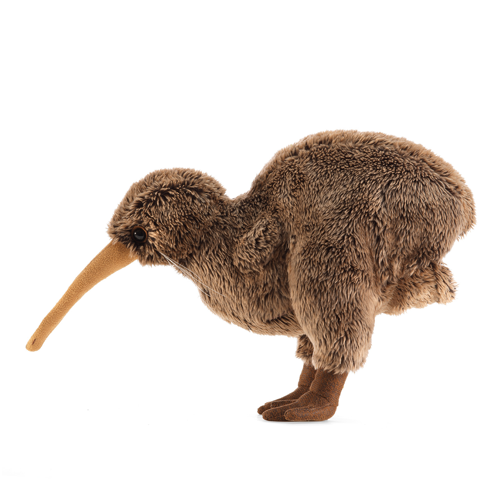 Folkmanis Handpuppe Kiwi aus braunem Plüsch mit langem orangebraunem Schnabel, stehend in Seitenansicht