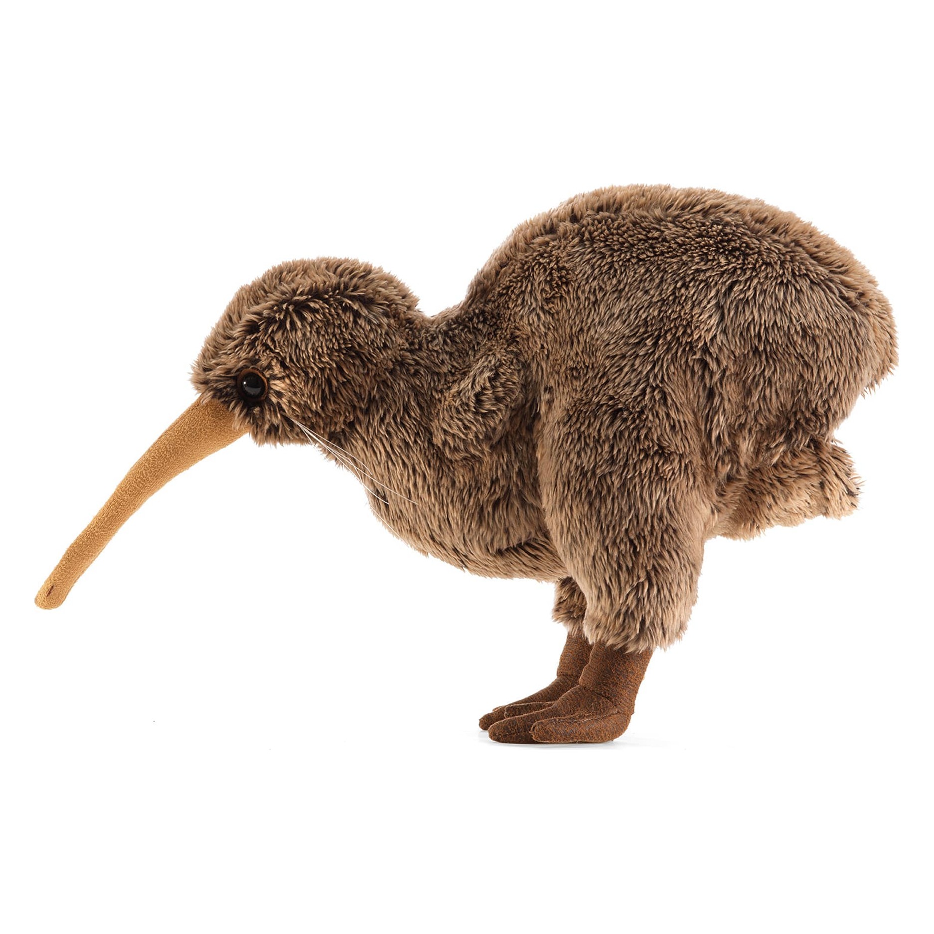 Folkmanis Handpuppe Kiwi aus braunem Plüsch mit langem orangebraunem Schnabel, stehend in Seitenansicht