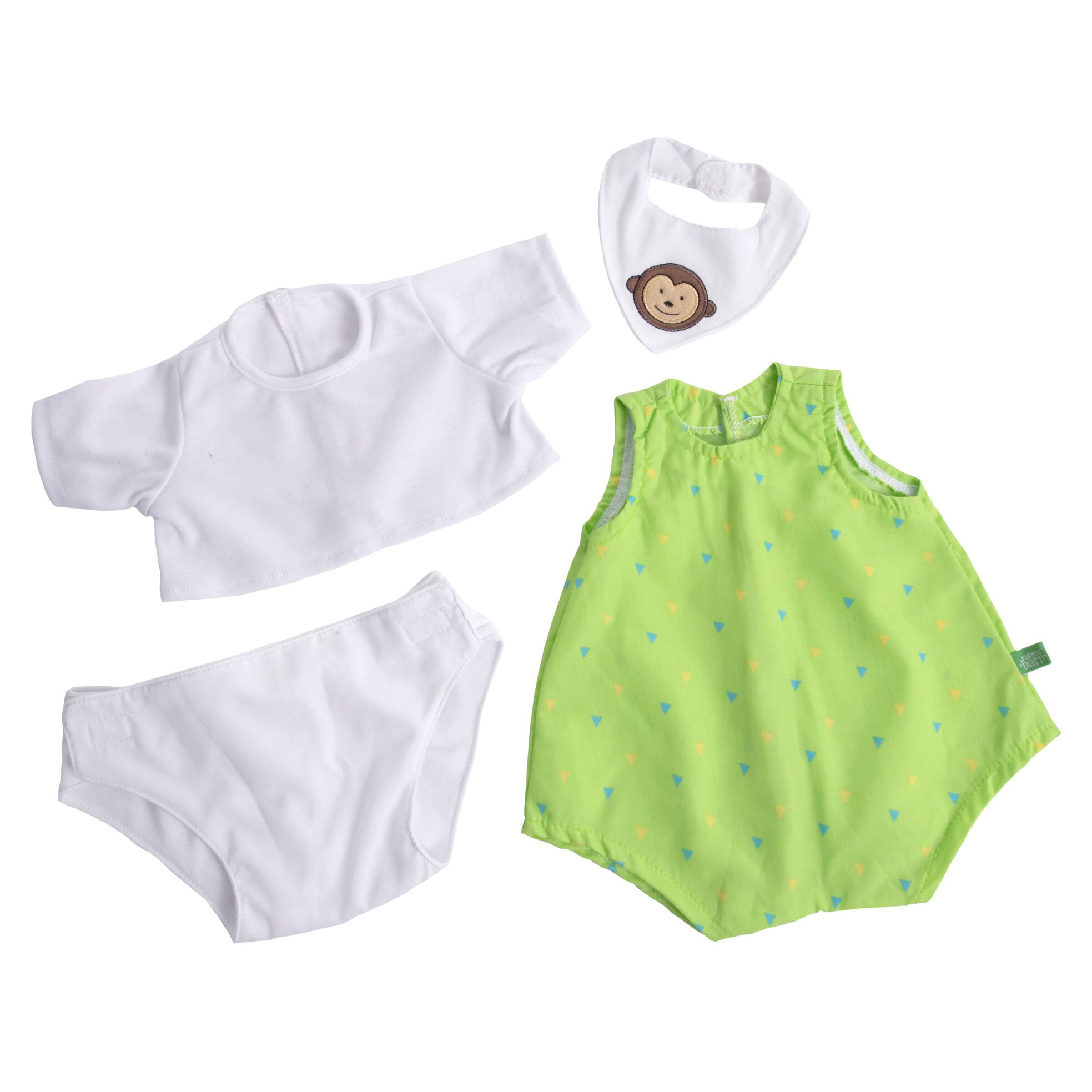 Kleidung der Rubens Barn Baby-Puppe Max: weißes Shirt, Windelhose, grüner Strampler und Affen-Lätzchen