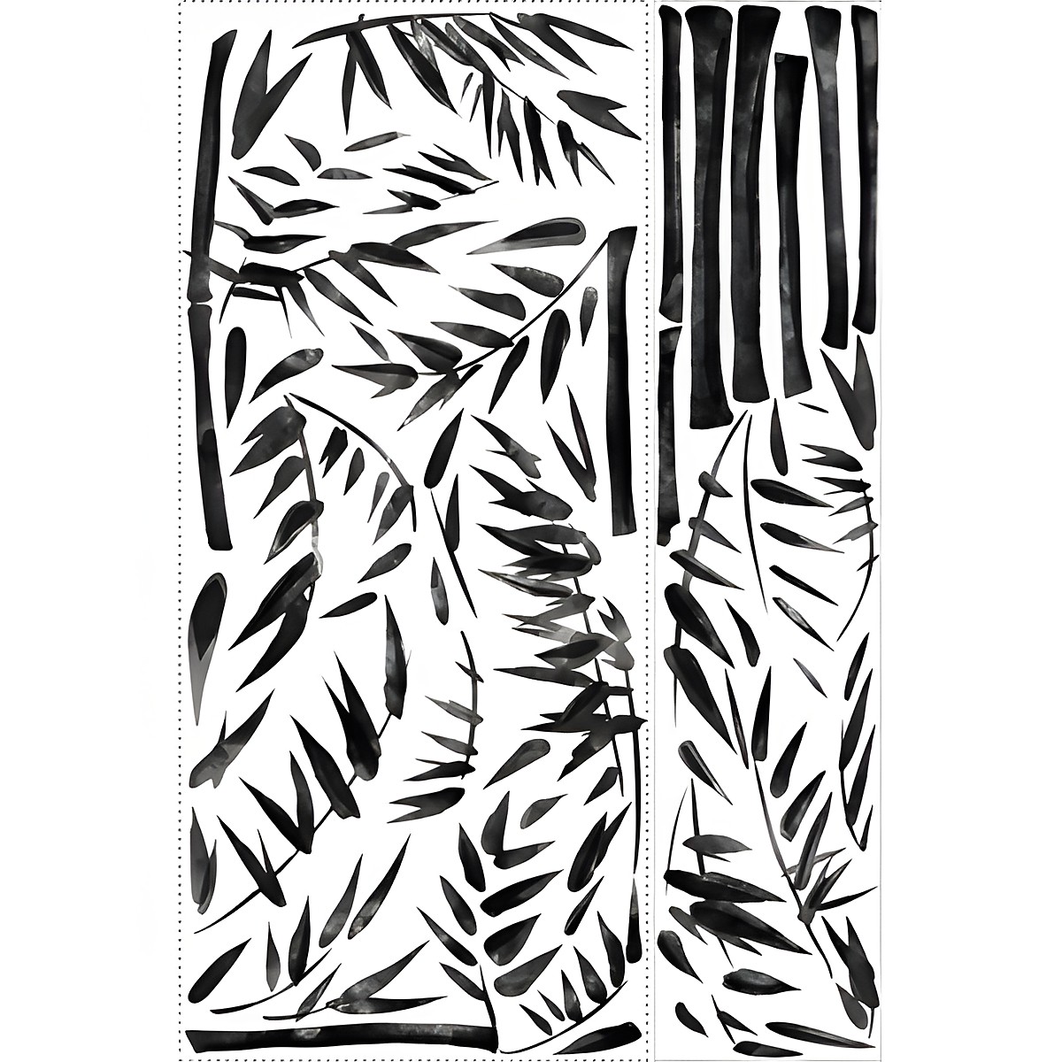RoomMates wall decal Painted Bamboo, two decal sheets with painted black bamboo stalk and leaf motifs on a white background