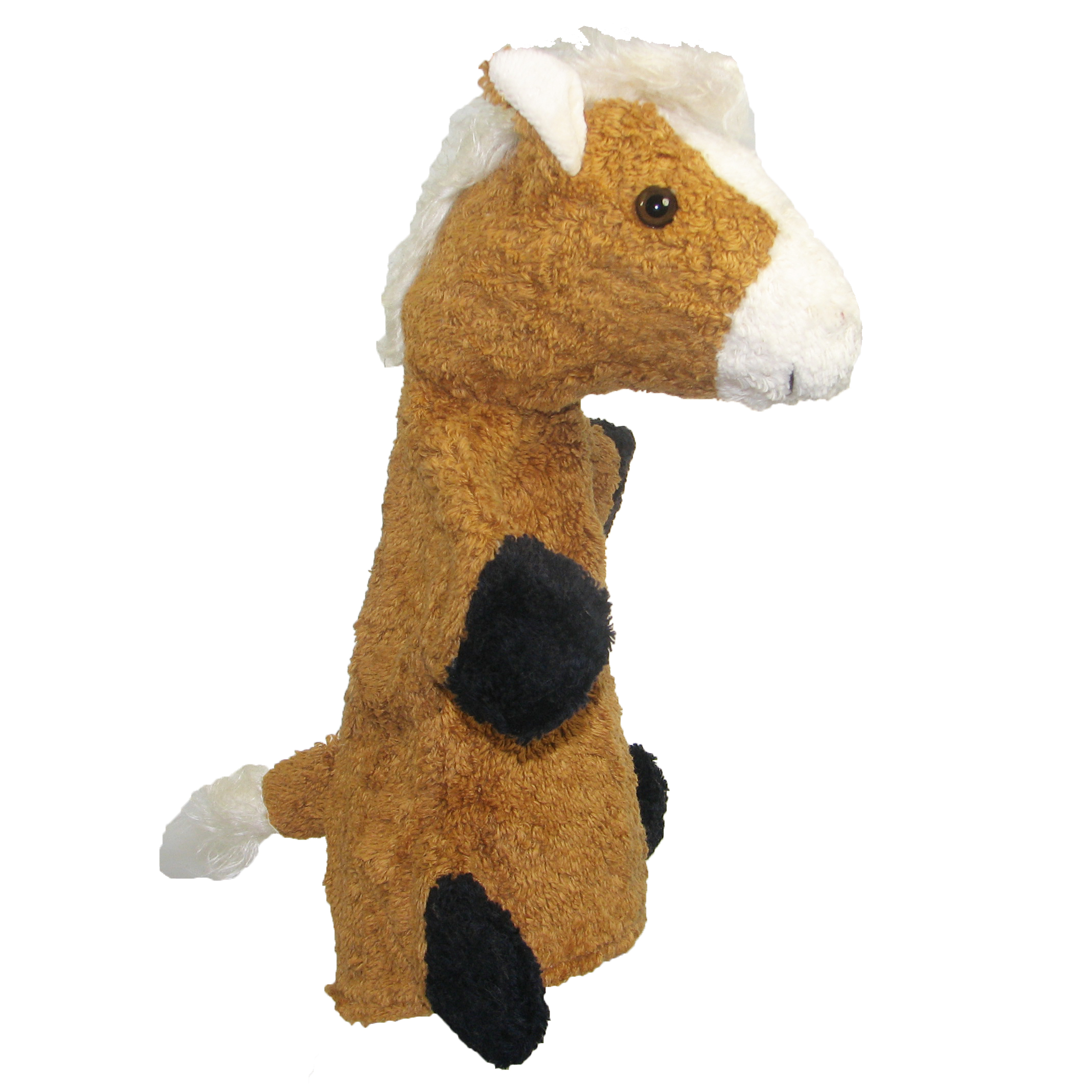 Kallisto Handpuppe Pferd Seitenansicht, braune Handpuppe aus Naturmaterial mit schwarzen Flecken und cremefarbenem Schwanz