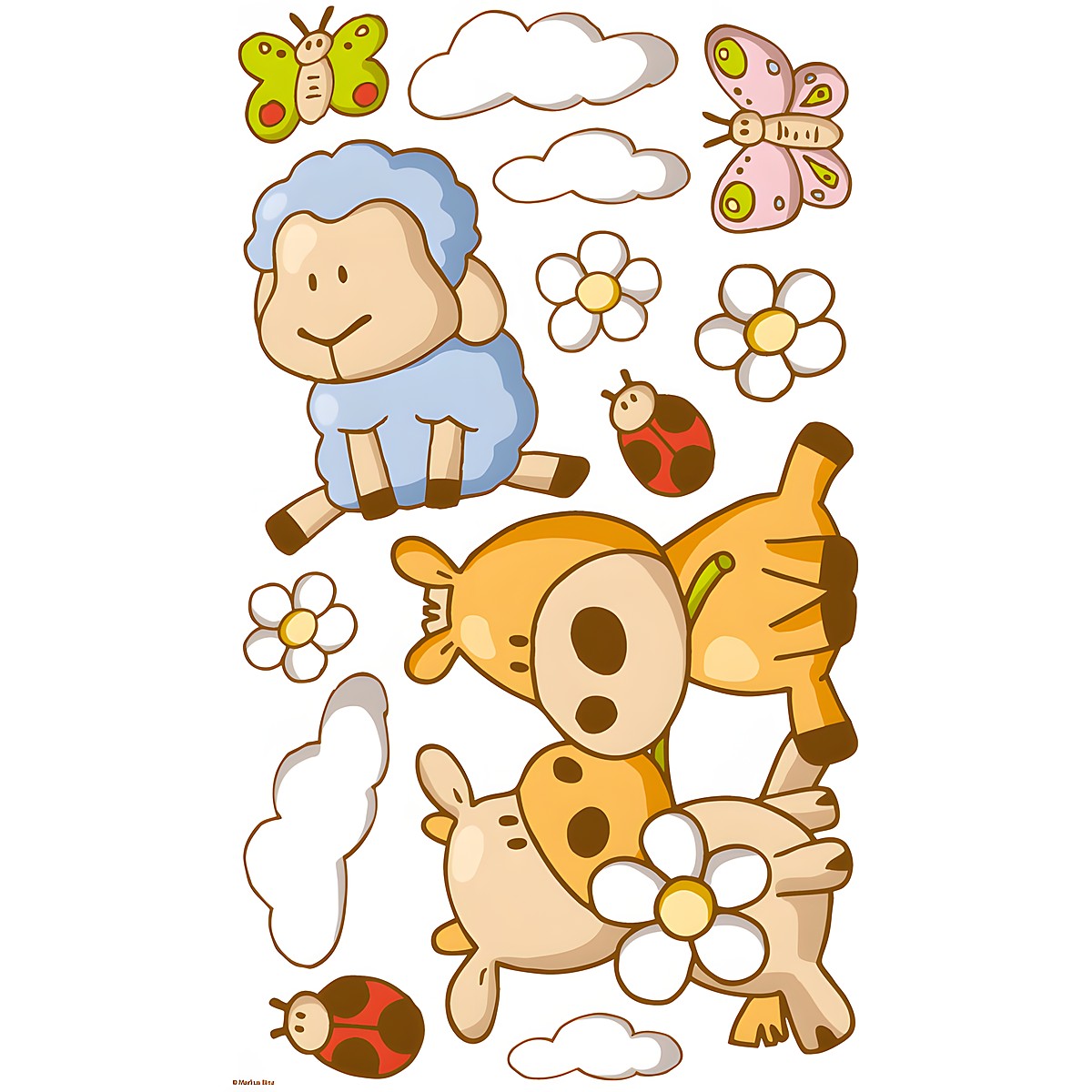 Dinico sticker set Streichelzoo, sheep and two giraffes with clouds, flowers, ladybirds and butterflies