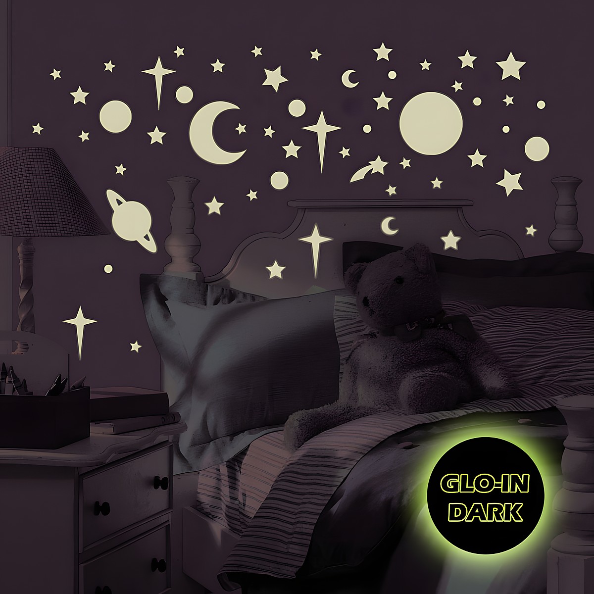 RoomMates wall decal Celestial, glowing stars, moons and planets in the dark above a child's bed with a teddy bear, glow-in-the-dark effect