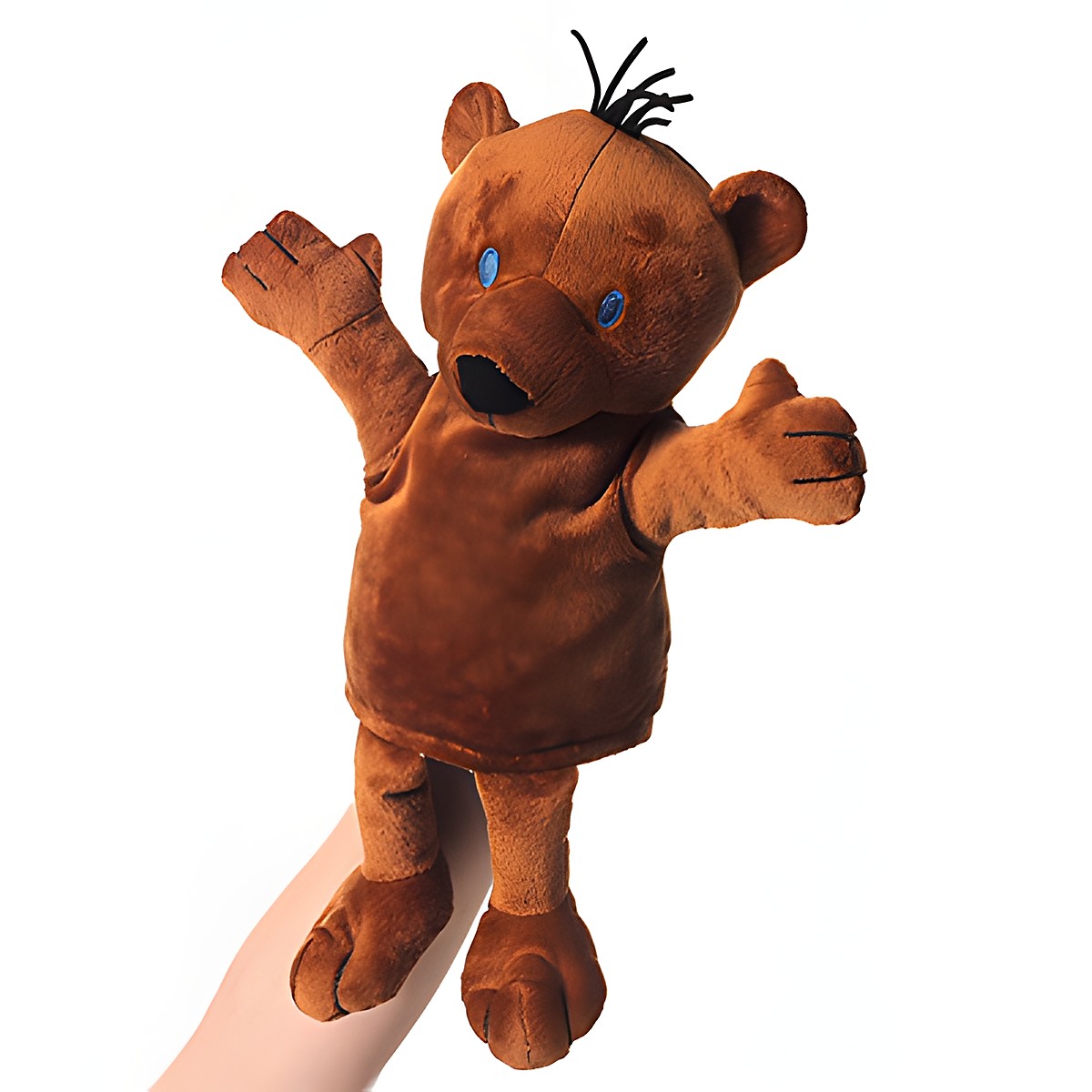 Heunec Handpuppe Kleiner Baer, braune Pluschpuppe mit blauen Augen und schwarzem Haarschopf, auf Hand aufgesteckt