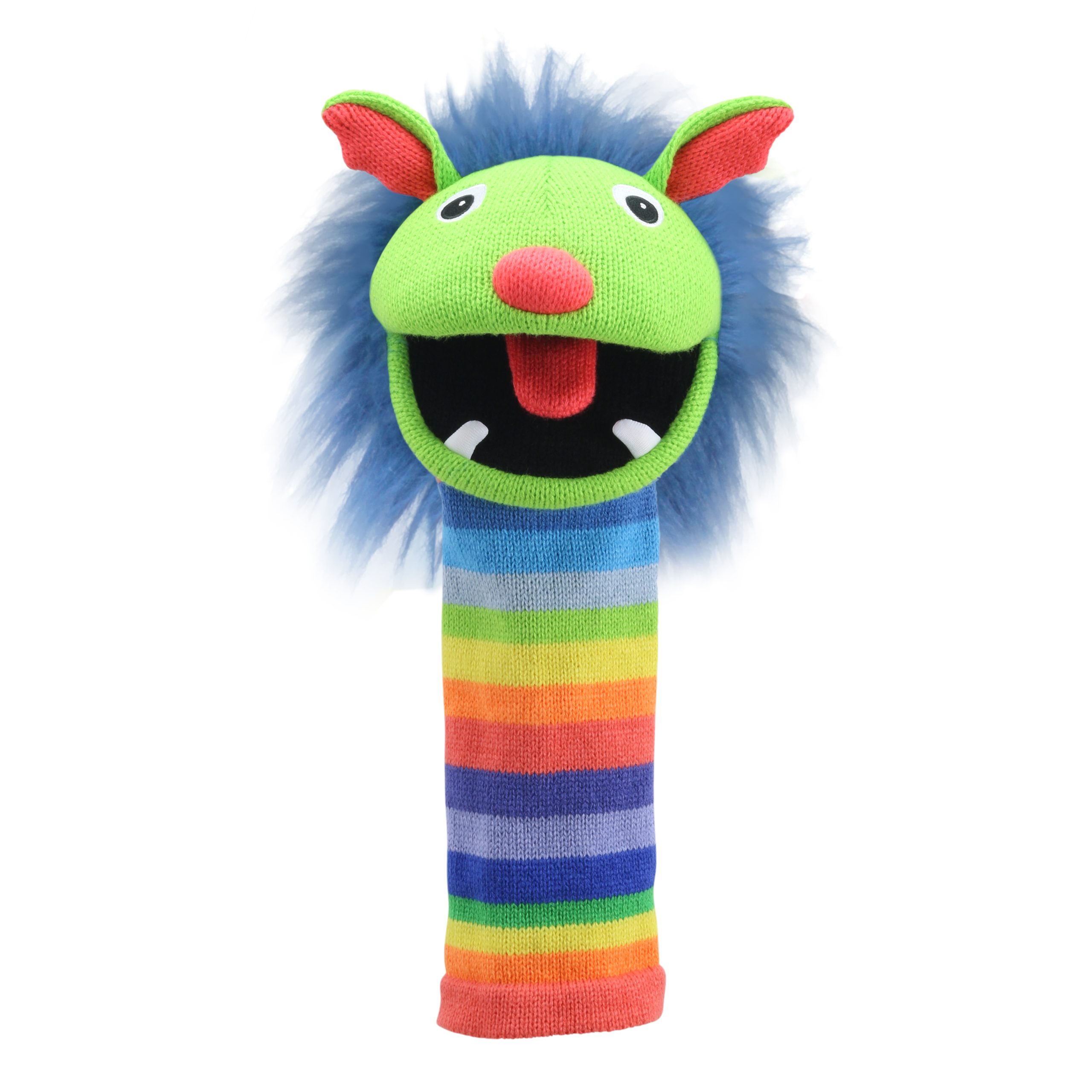The Puppet Company Sockenhandpuppe Rainbow, grünes Monster mit blauer Mähne und regenbogengestreiftem Körper