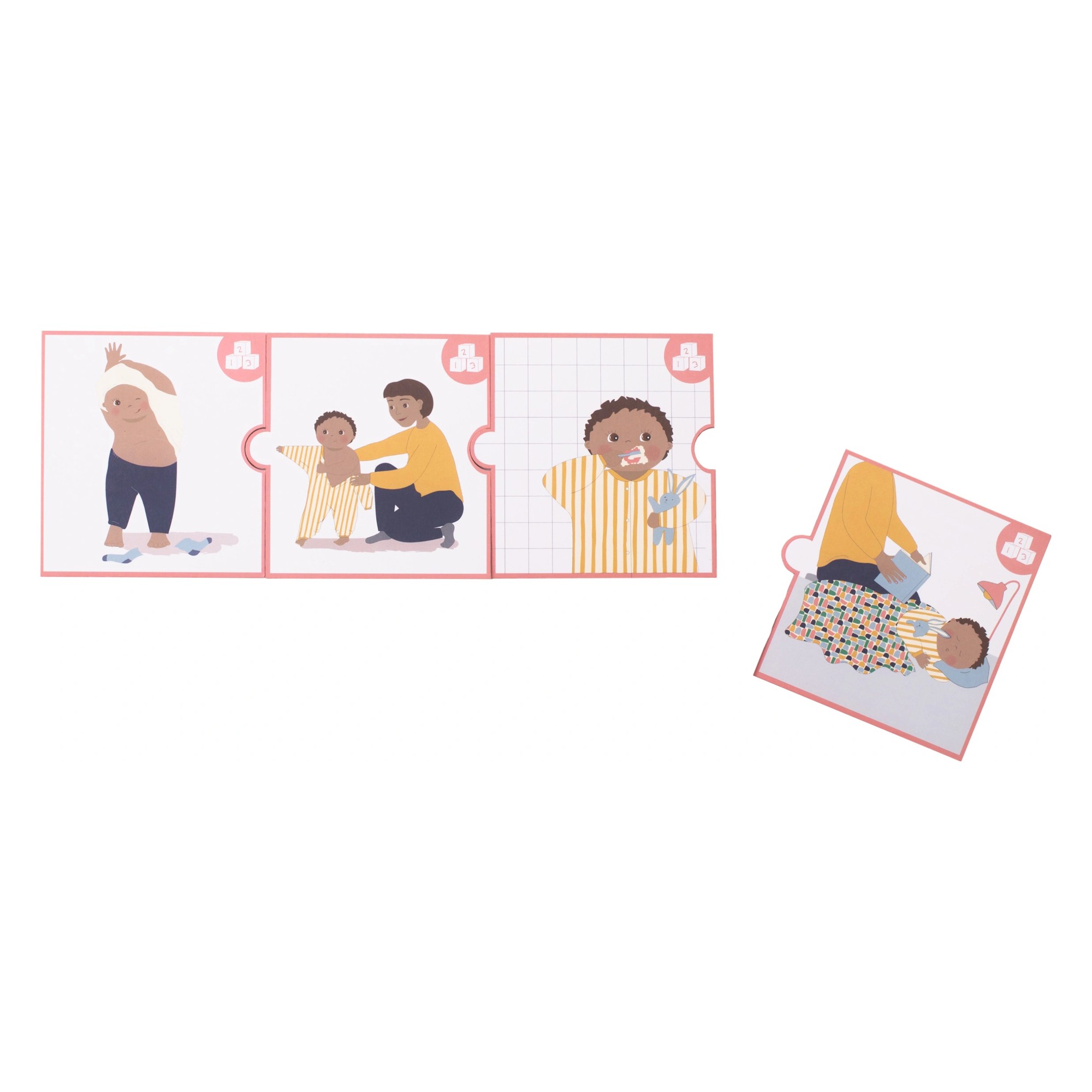 Bildkarten des Rubens Barn Schlaf-Sets zeigen das Abendritual als Puzzle-Reihenfolge