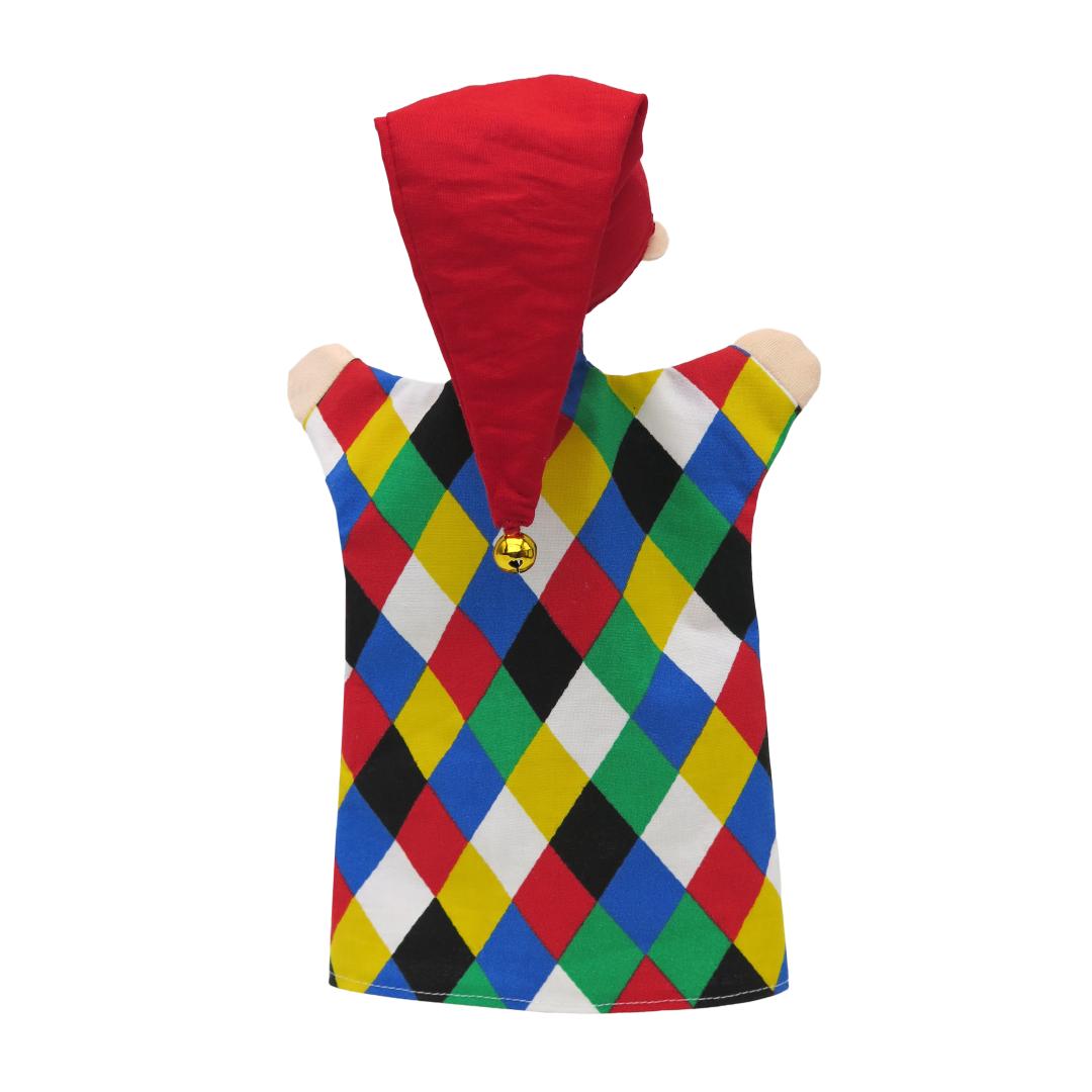 Punch and Judy puppet Punch by munabo seen from the back with colourful harlequin costume and red jester hat with bell