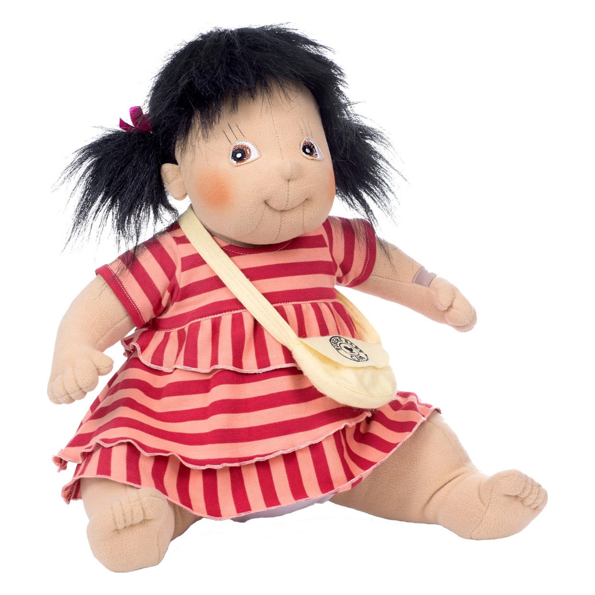 Rubens Barn Original-Puppe Maria mit schwarzem Haar, gestreiftem Rüschenkleid und Umhängetasche