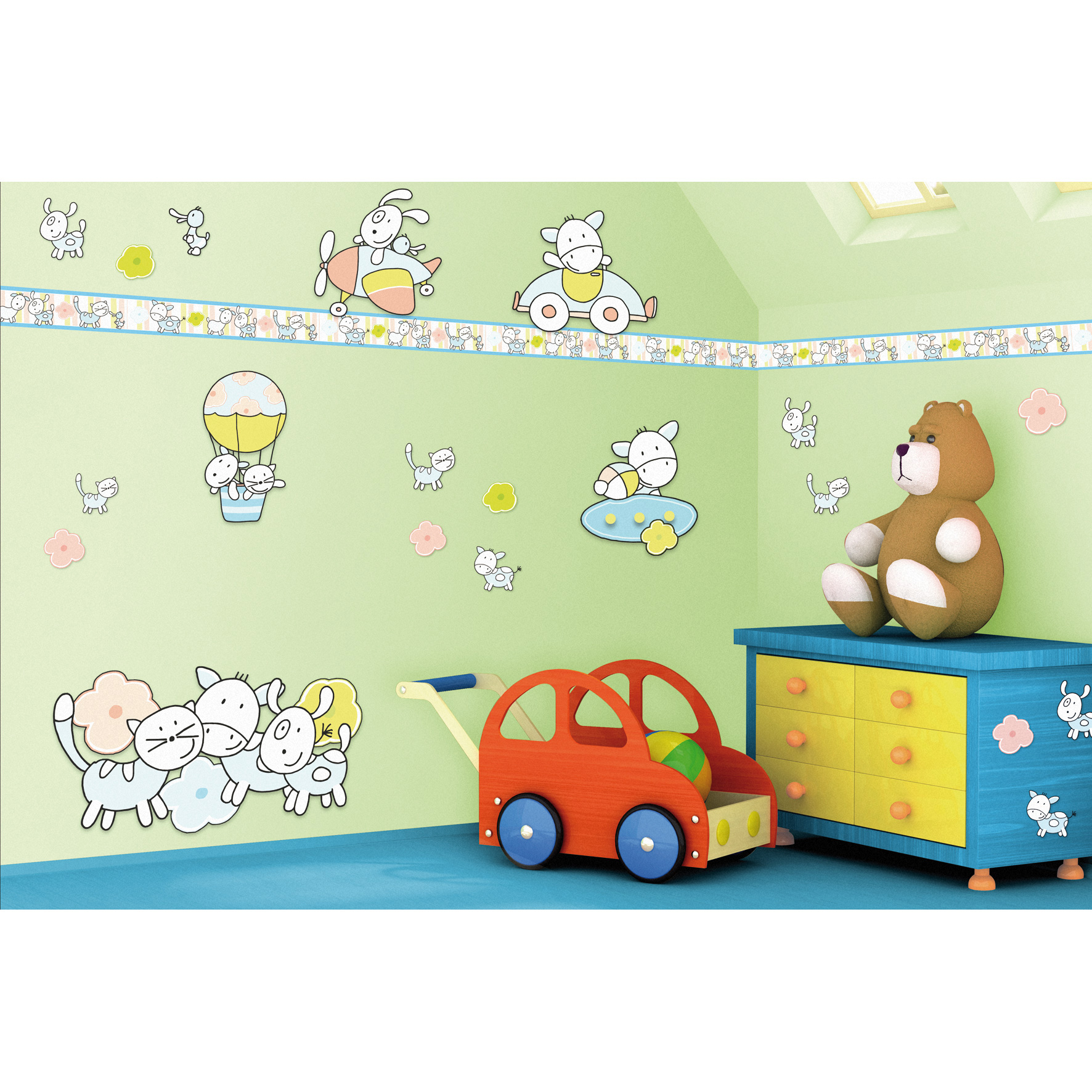 Dinico Farmily Sticker-Sortiment im Einsatz, Tier- und Wettermotive als Wandbordüre über hellgrüner Kinderzimmerwand mit Kommode und Kuscheltier