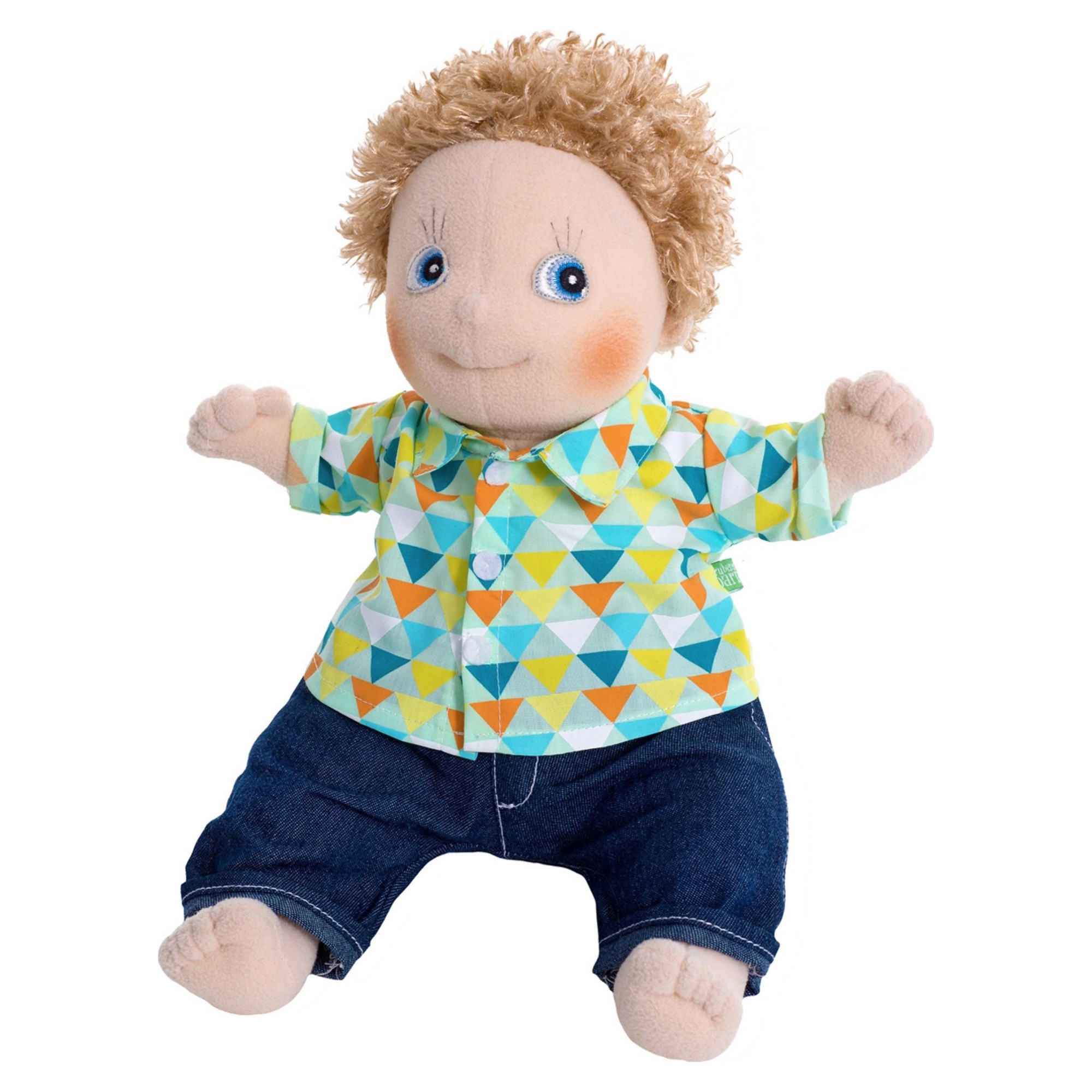 Rubens Kids Puppe Oliver mit blondem Wuschelhaar, buntem Hemd und Jeans