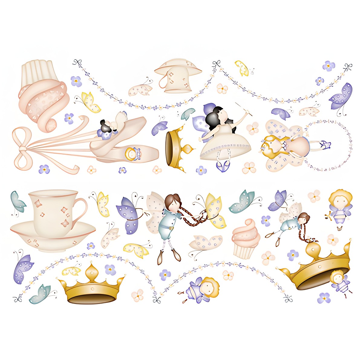 graham & brown wall stickers Heirloom, flat sticker sheet with crowns, teacups, fairies and bead garlands in purple and gold