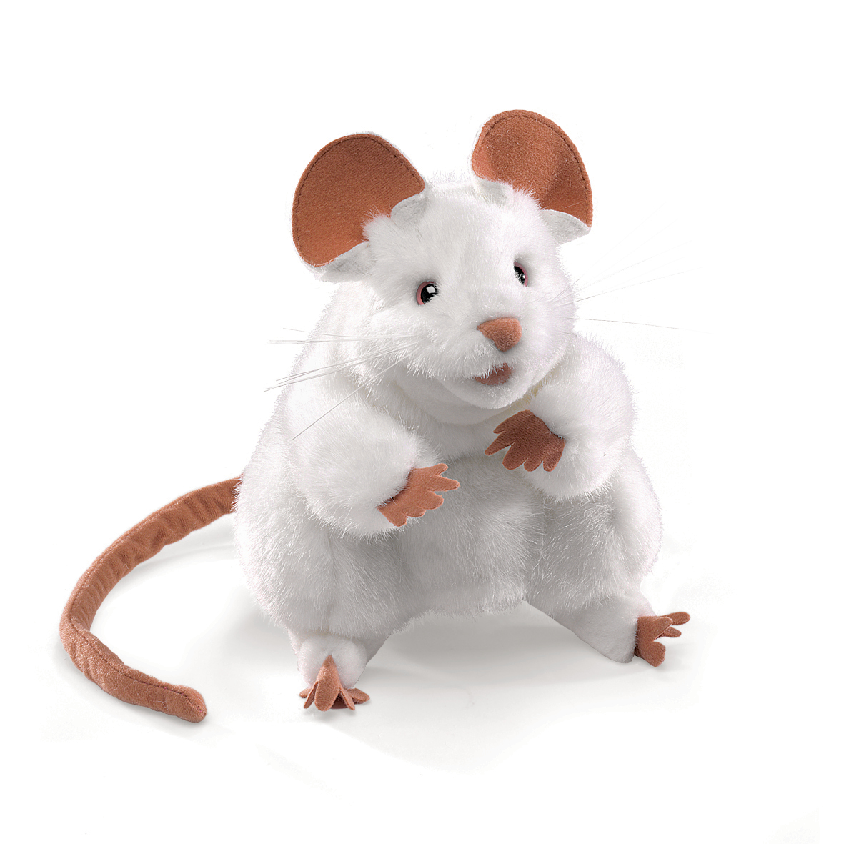 Folkmanis Handpuppe weiße Maus mit braunen Ohren und Pfoten, aufrecht sitzend, Frontalansicht