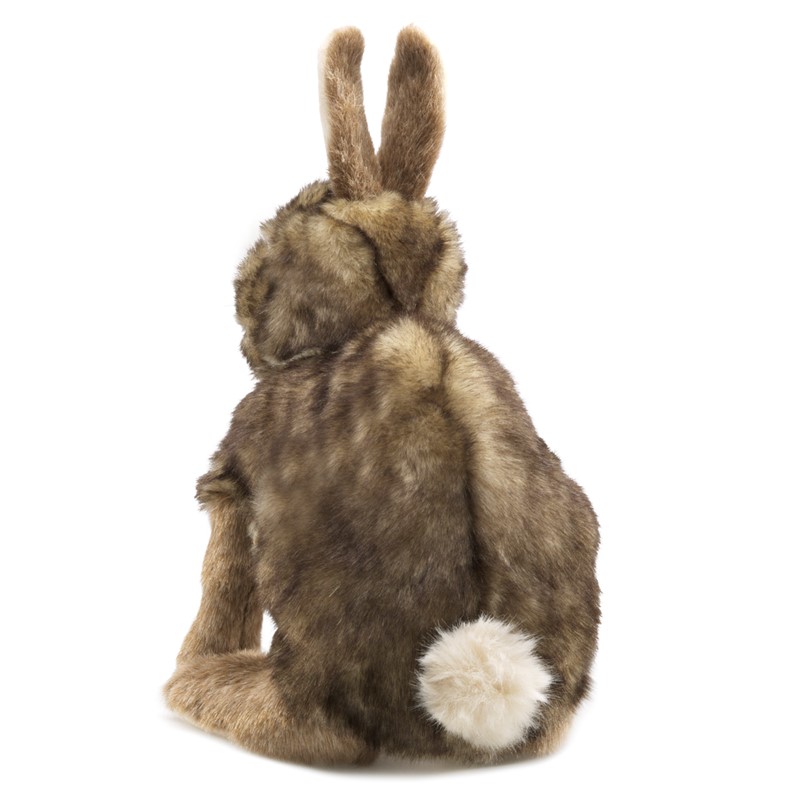 Folkmanis Handpuppe Baumwollschwanz-Kaninchen von hinten mit braun-meliertem Fell und weißem Blumenkohlschwanz
