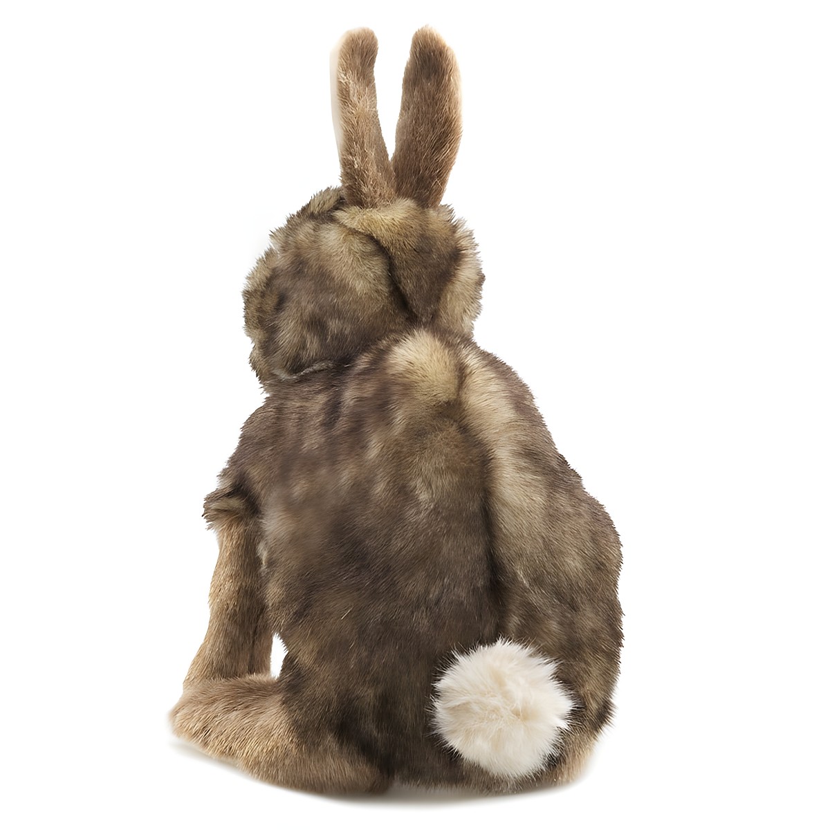 Folkmanis Handpuppe Baumwollschwanz-Kaninchen von hinten mit braun-meliertem Fell und weißem Blumenkohlschwanz