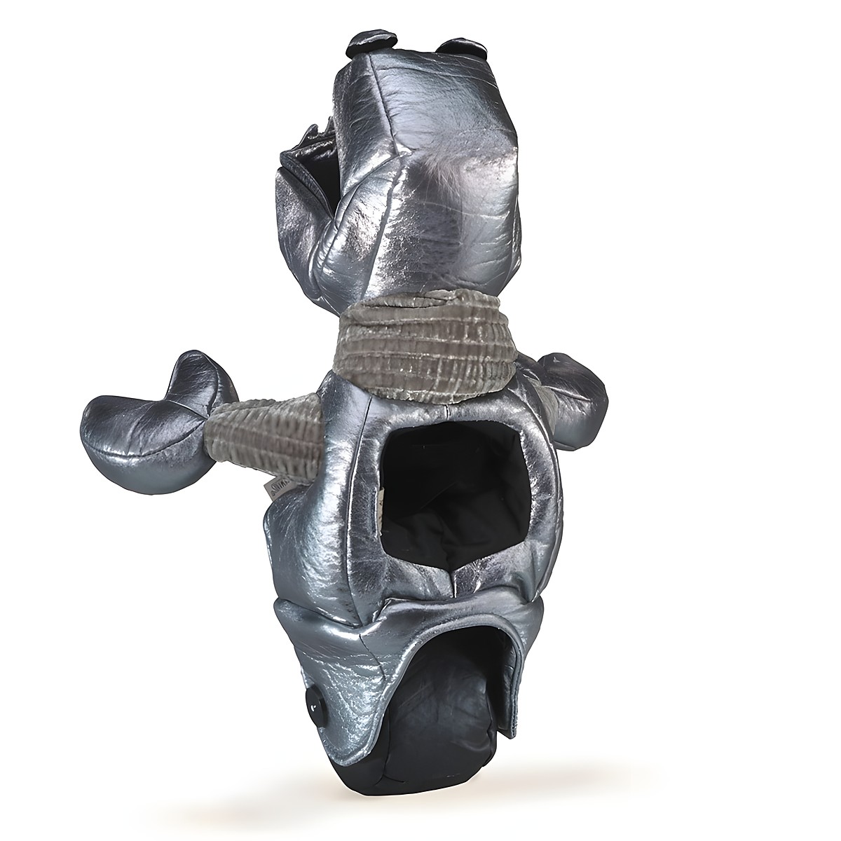 Folkmanis robot hand puppet in metallic silver faux leather, bottom view showing the hand opening at the belly