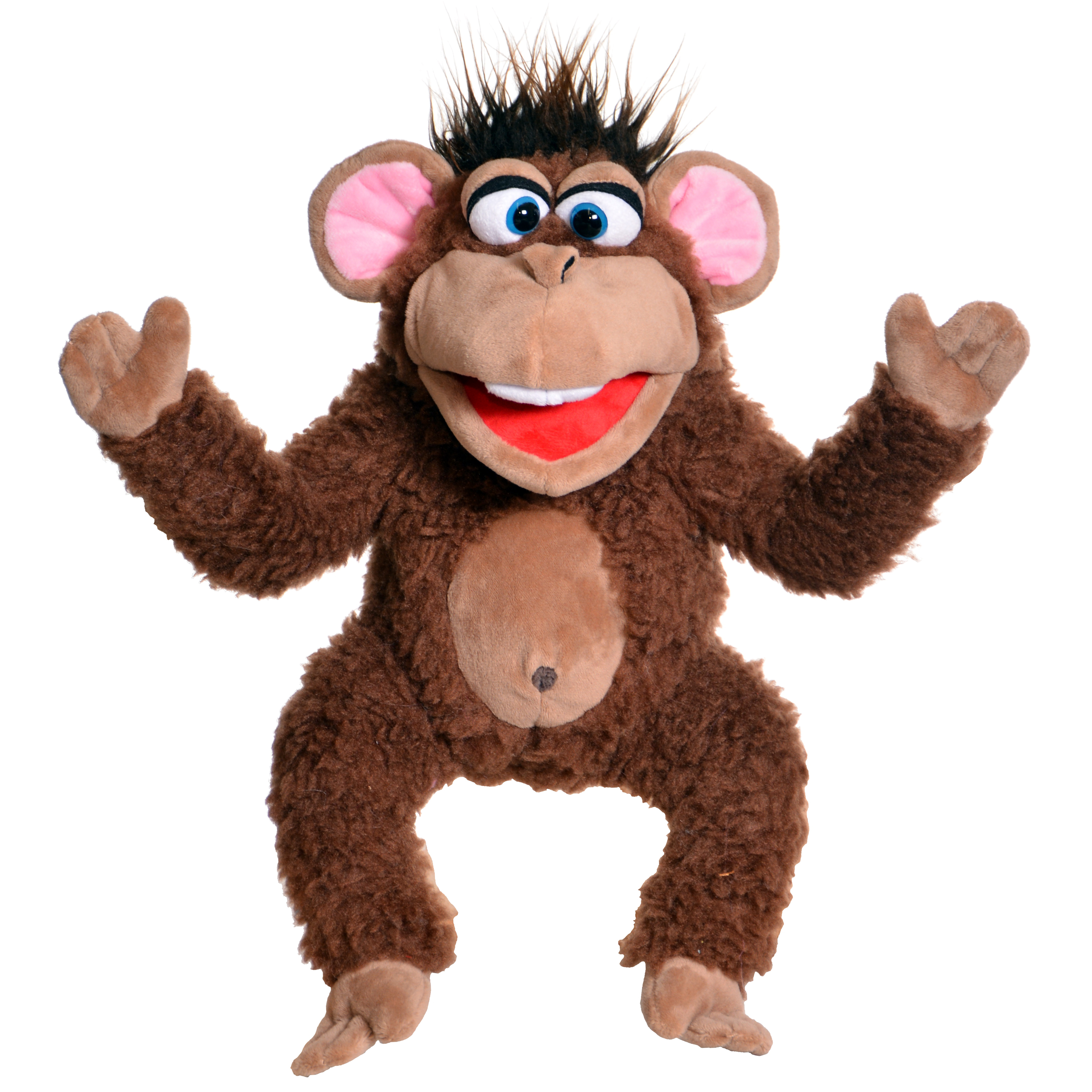 Living Puppets hand puppet Fuzius the monkey with brown curly fur and pink ears, arms raised