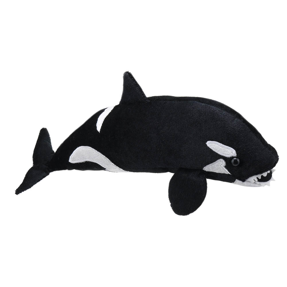 The Puppet Company giant finger puppet orca, black and white killer whale with pointed teeth, side view