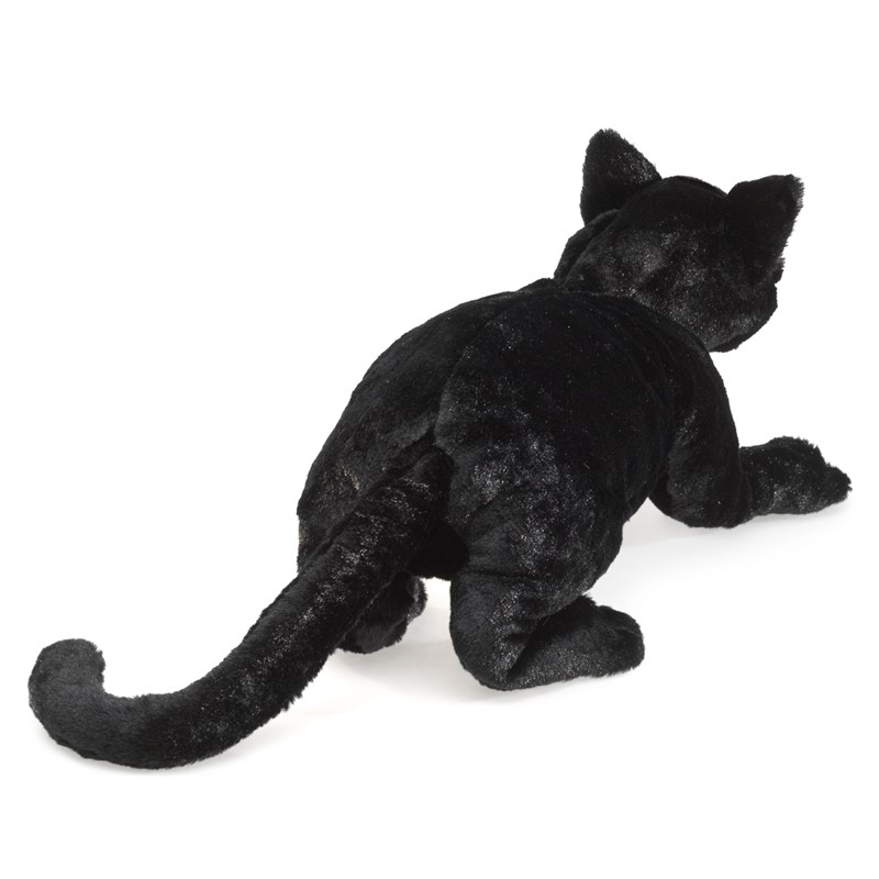 Folkmanis black cat hand puppet made of black plush, rear view with a long curved tail