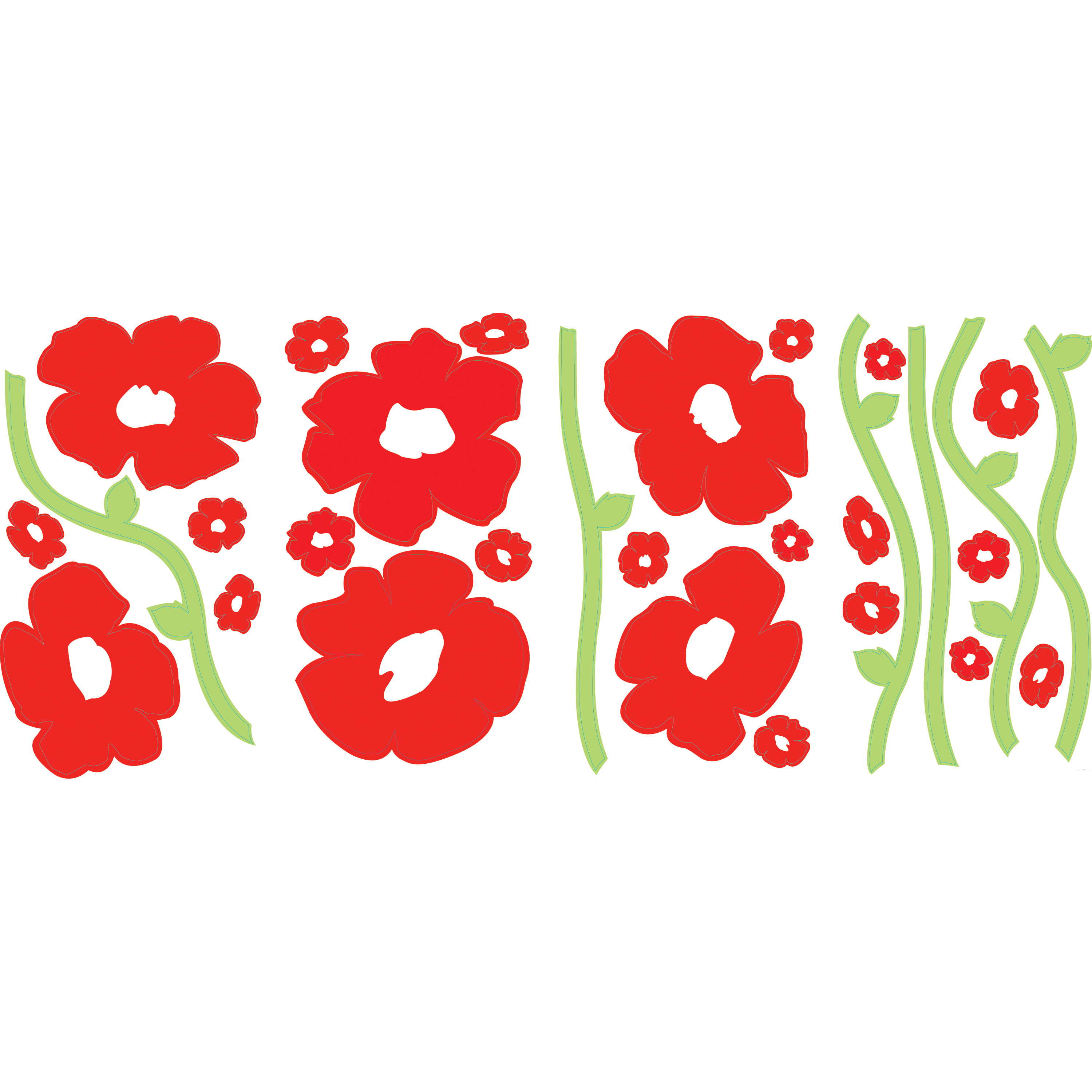 RoomMates wall decal Poppies Peel & Stick, decal sheet with red poppy flower and green vine motifs on a white background