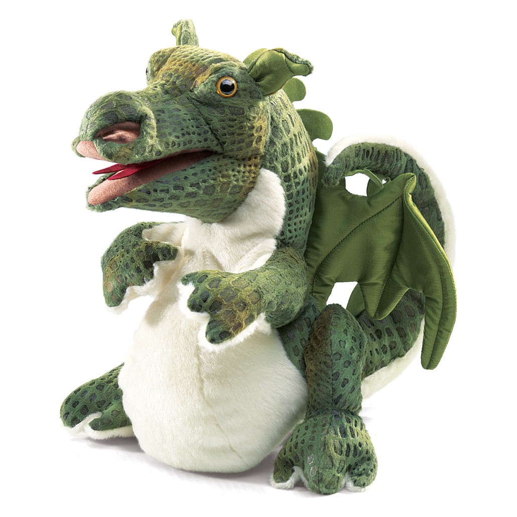 Folkmanis Handpuppe Baby Drache in Grün mit weißem Bauch, beweglichem Maul und grünen Flügeln, Seitenansicht