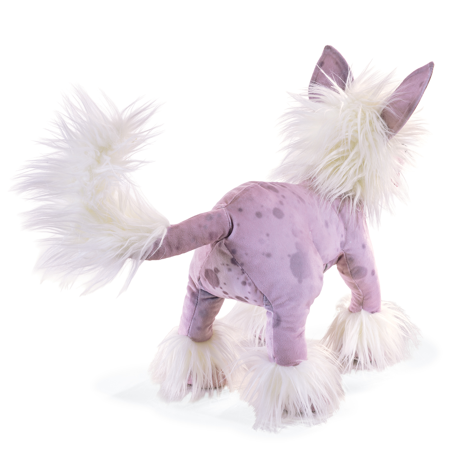 Folkmanis Chinese Crested Dog hand puppet seen from behind, lilac spotted velvet body with white fur on paws, tail and head