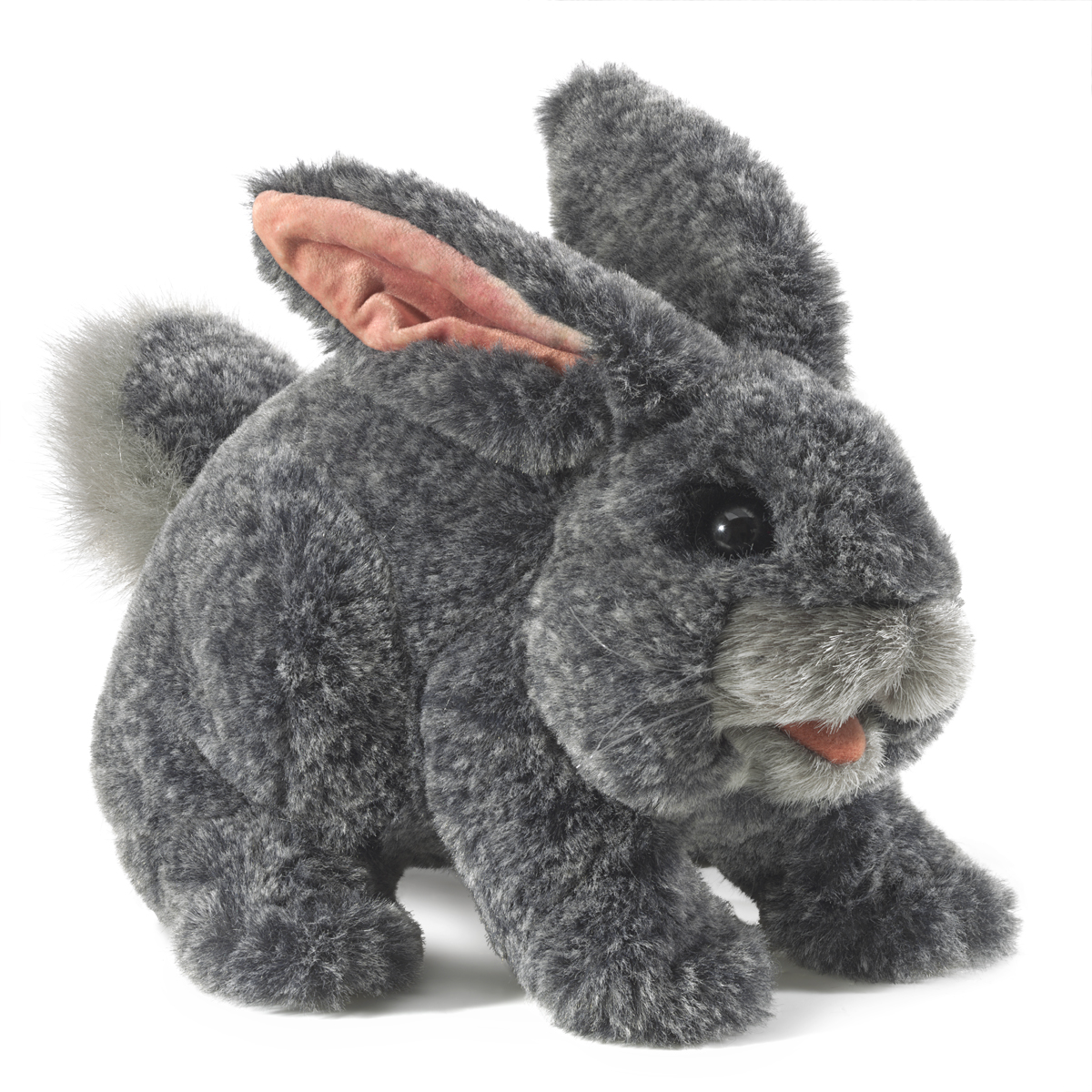 Folkmanis grey bunny hand puppet in walking pose, pink inner ears, white muzzle area, side view