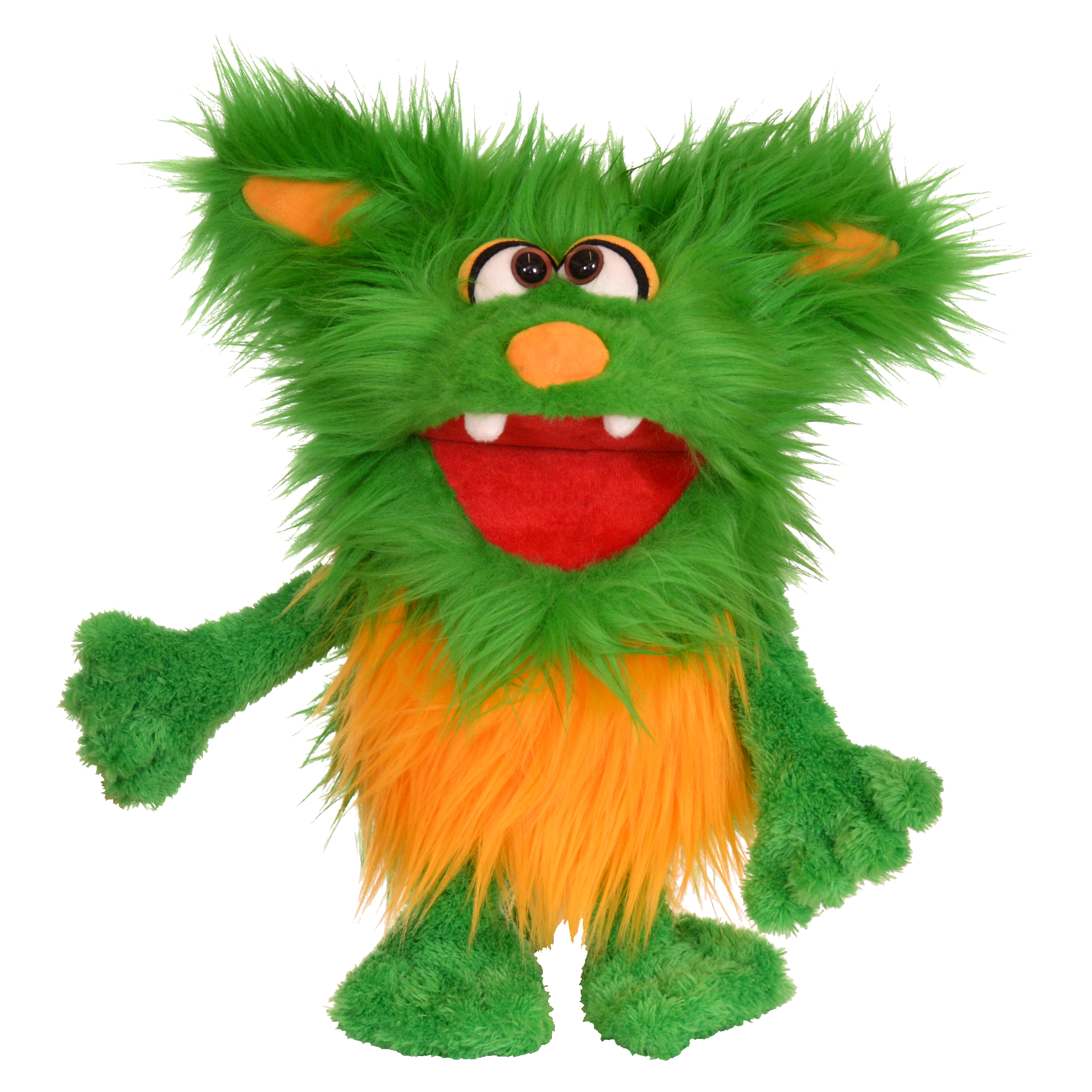 Living Puppets hand puppet Schotter, green shaggy monster with orange belly fur and visible teeth, one arm stretched to the side