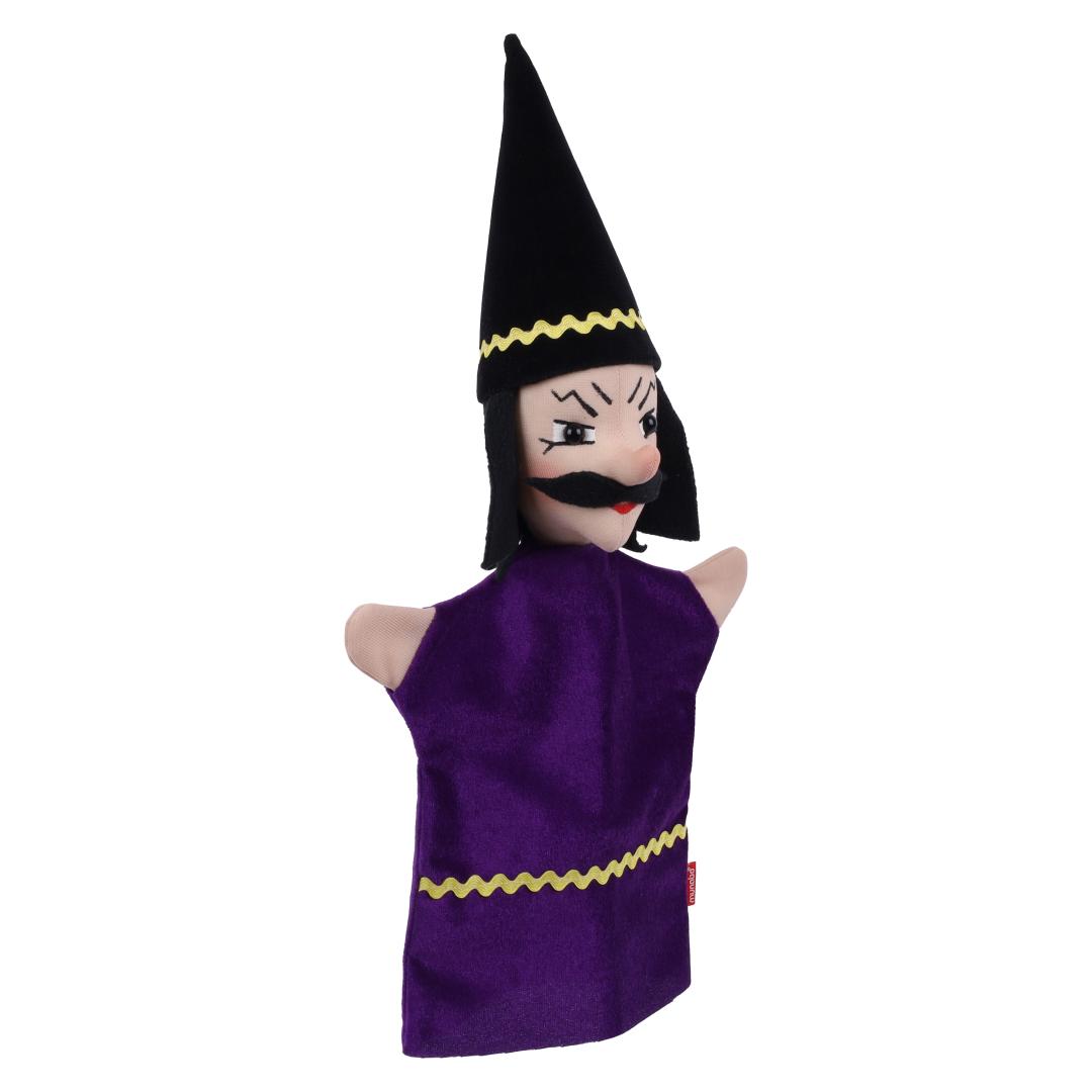 Kasperlepuppe Magier von munabo, seitlich gedreht mit finsterem Blick und schwarzem Schnurrbart.