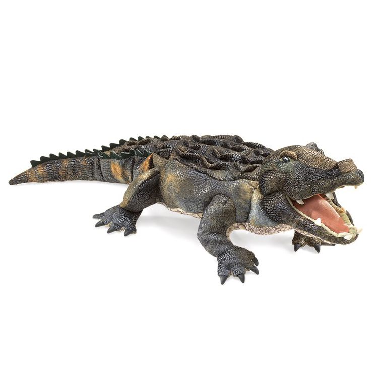Folkmanis Handpuppe Amerikanischer Alligator mit geöffnetem Maul, detaillierter Schuppentextur in Dunkelgrün-Braun, Seitenansicht