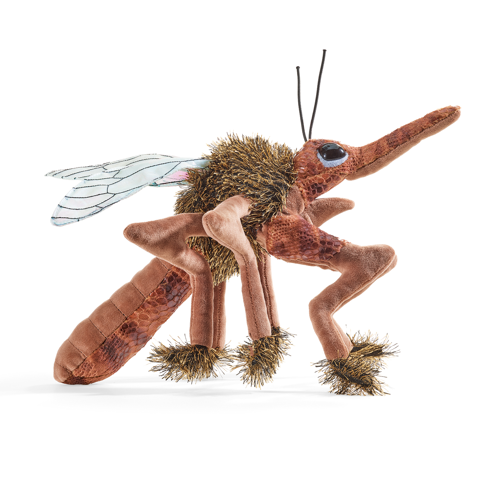 Folkmanis hand puppet mosquito in brown with long legs, gold furry trim, transparent wings and a long proboscis, side view