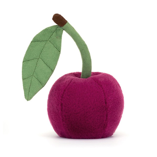 Jellycat Amuseables Kirsche, pinke Plüschfigur mit grünem Blatt-Stiel, Seitenansicht