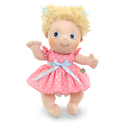 Rubens Cutie doll Emelie with blond curls and a pink dotted dress with blue bow
