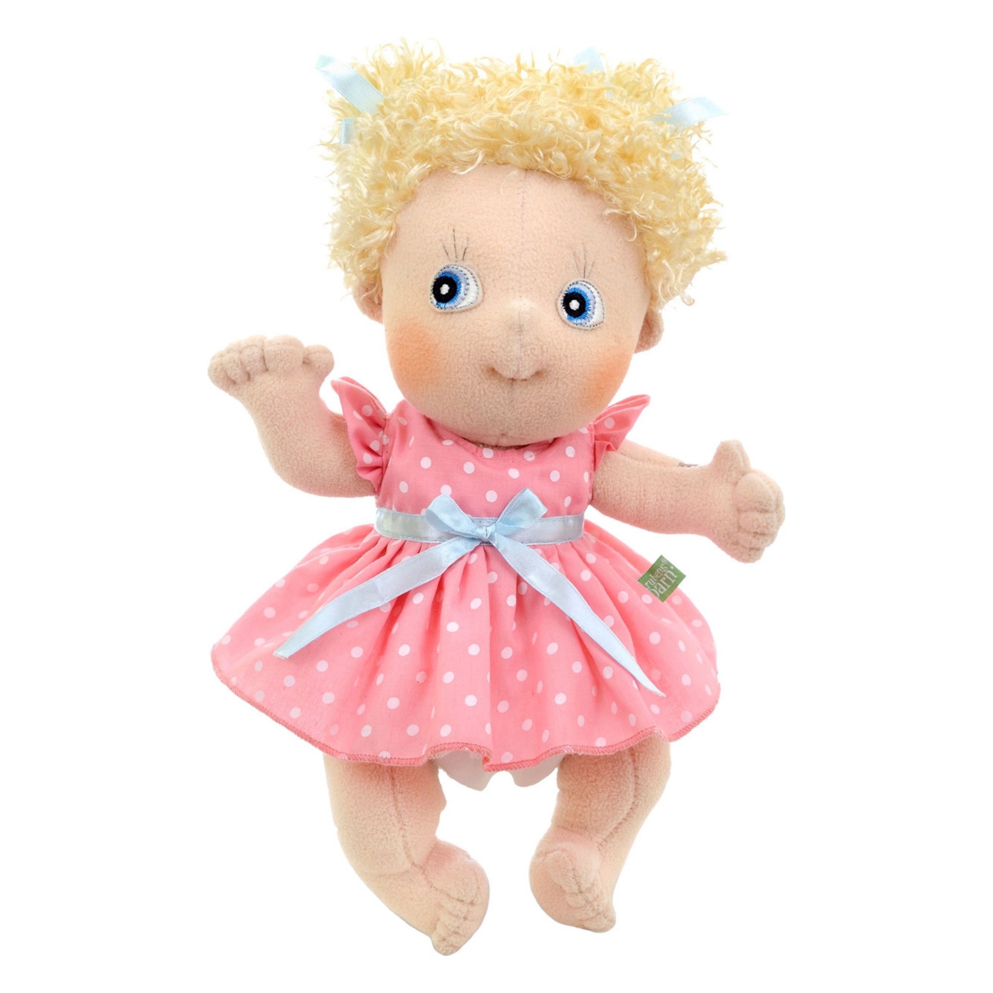 Rubens Cutie Puppe Emelie mit blonden Locken und rosa Punktekleid mit blauer Schleife