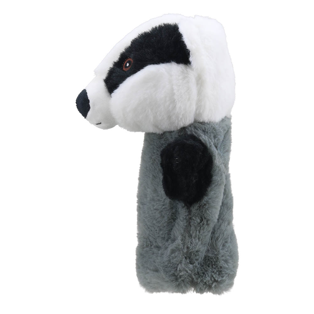 The Puppet Company hand puppet badger, side view with the head lowered and a black eye patch