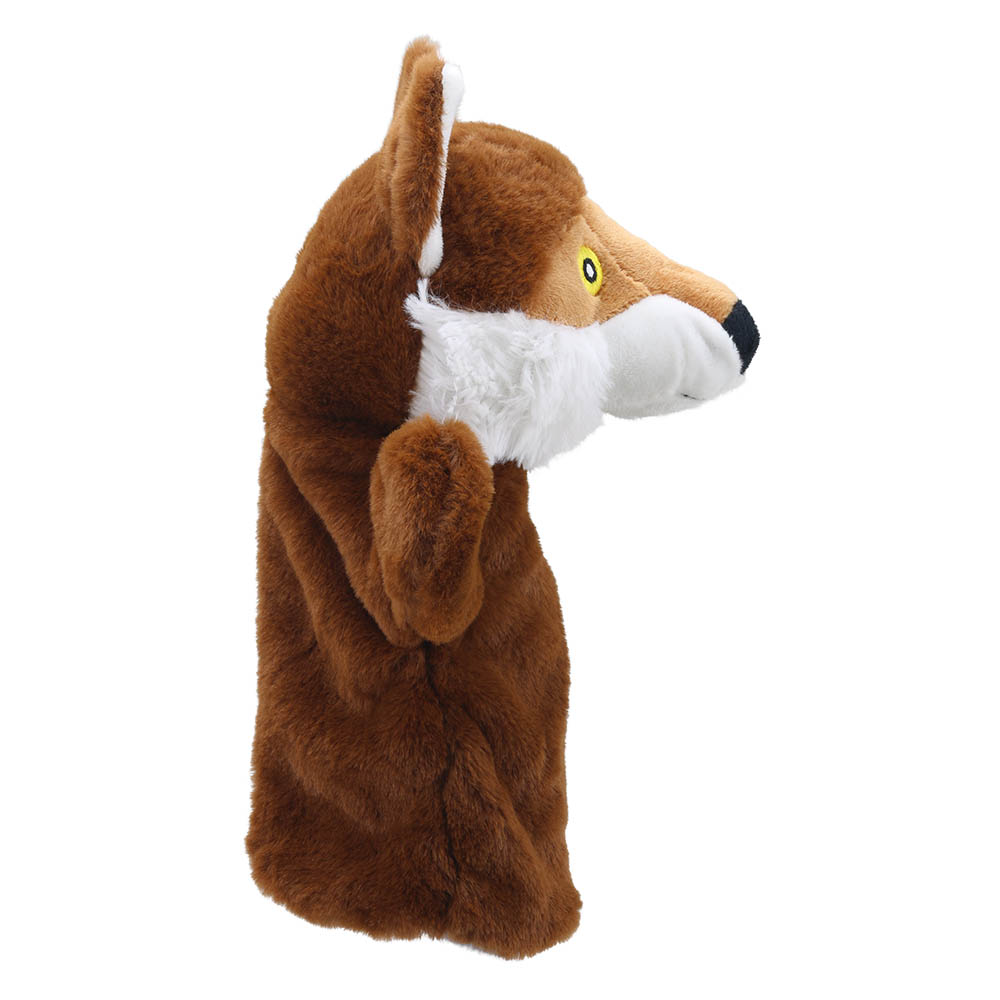 The Puppet Company baby hand puppet fox, side view with a white chest and an upright ear
