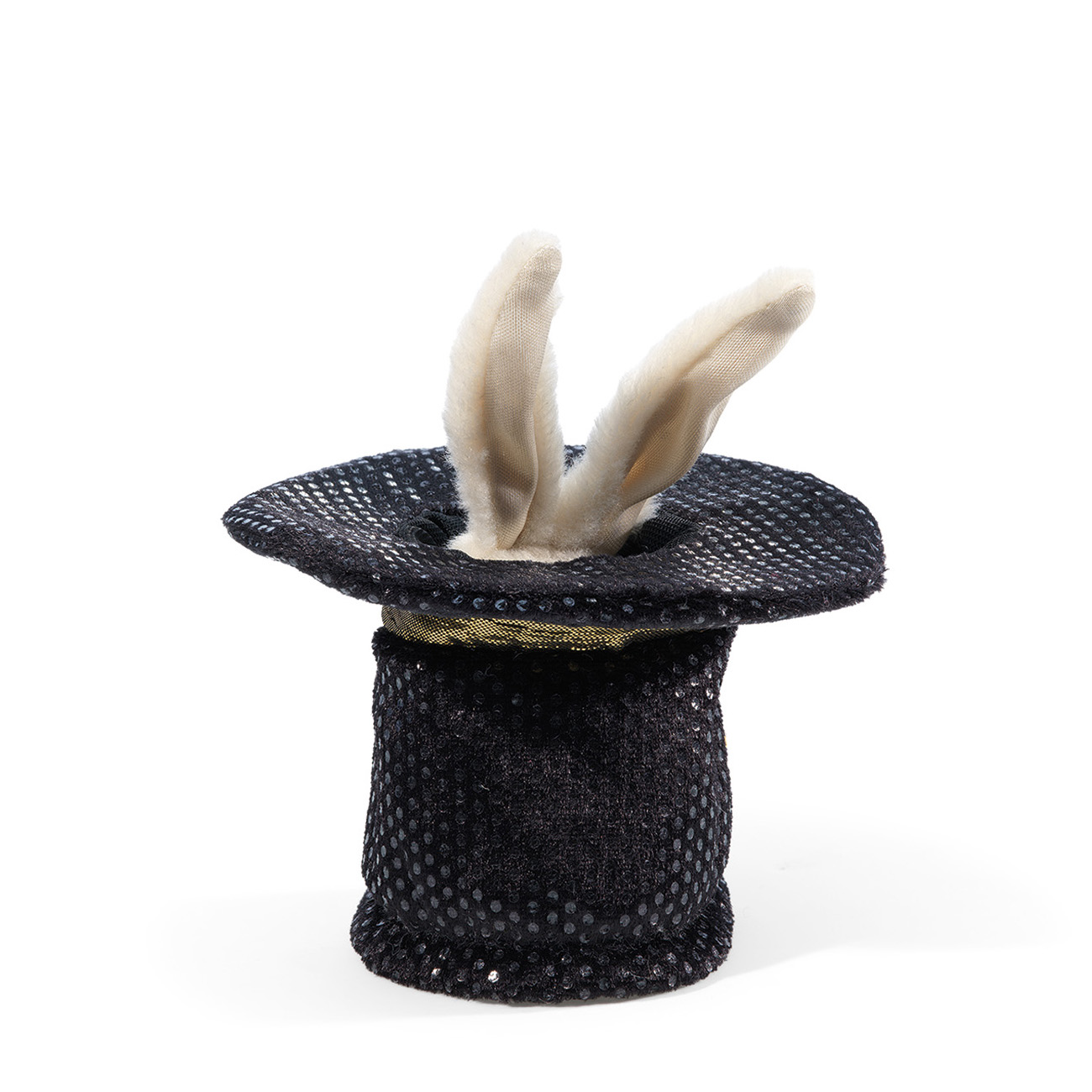 Folkmanis mini magic hat finger puppet: black sequin top hat with white rabbit ears, front view