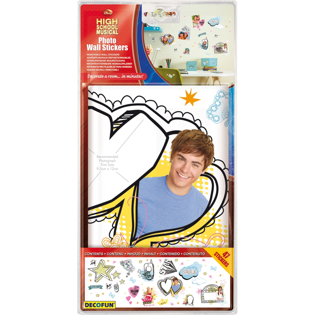 decofun wall decal High School Musical sticker sheet, stars, heart-shaped photo frame, 'Smile' speech bubble and comic-style illustrations