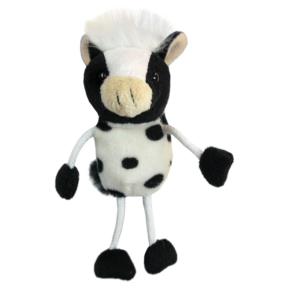The Puppet Company finger puppet cow, black and white spotted cow with a white fringe and long fabric legs