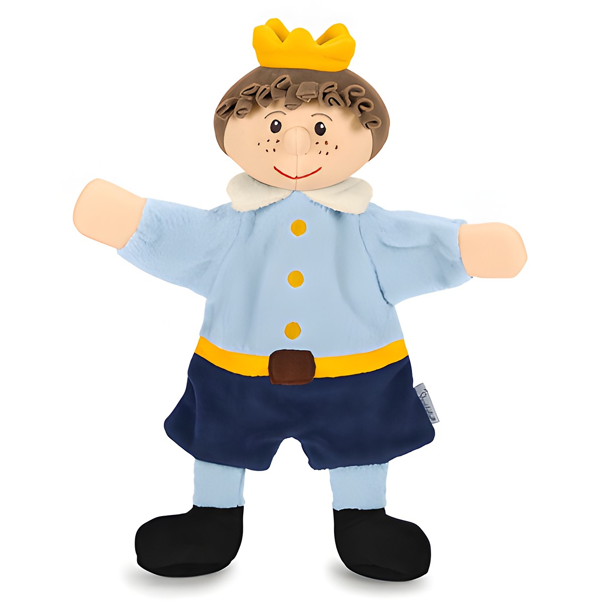 Sterntaler Baby-Handpuppe Prinz, gelbe Krone, hellblaue Jacke mit gelben Knöpfen und gelbem Gürtel