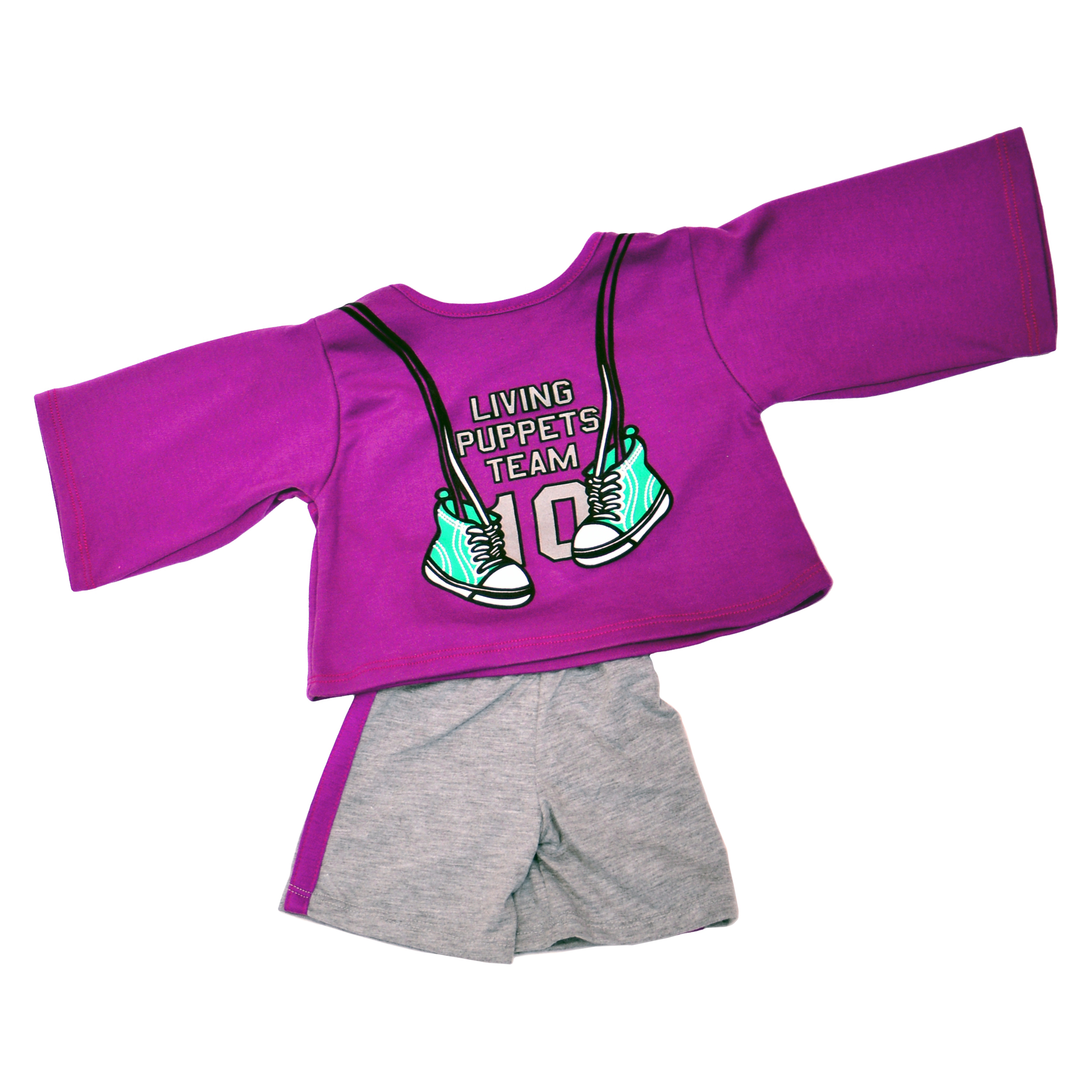 Living Puppets Sportbekleidung für Handpuppen mit 45 cm, lila Shirt mit Living-Puppets-Team-Aufdruck und graue Shorts