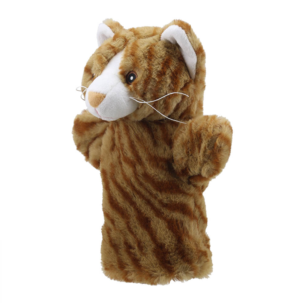 The Puppet Company Baby-Handpuppe Katze, rot-braun getigerte Katze mit weißen Ohrspitzen und ausgestreckter Pfote