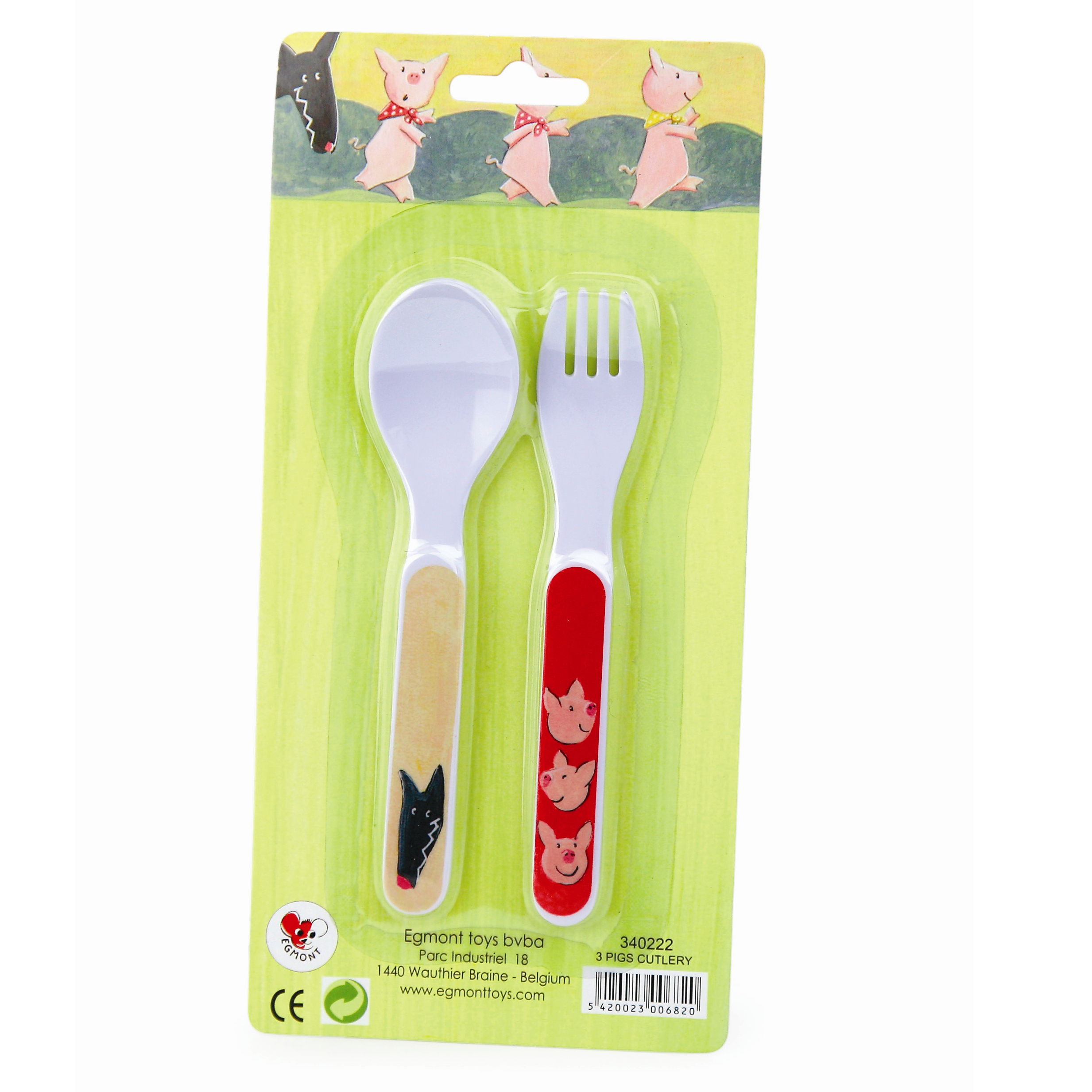 Egmont Toys cutlery set Three Little Pigs, spoon with wolf silhouette and fork with pig motif on beige and red handles