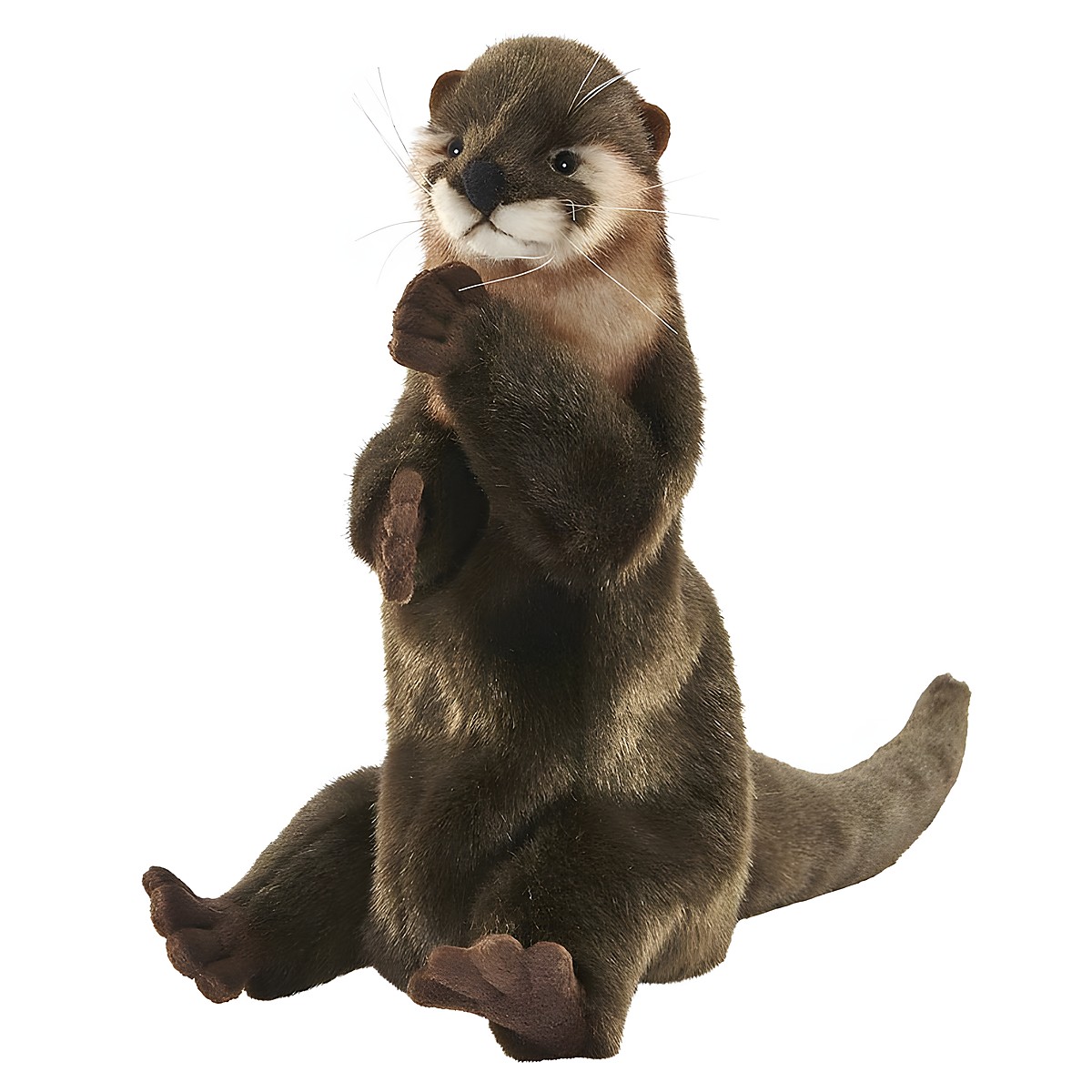Otter Handpuppe von Hansa Creation mit dunkelbraunem Fell und heller Kehle, aufrecht